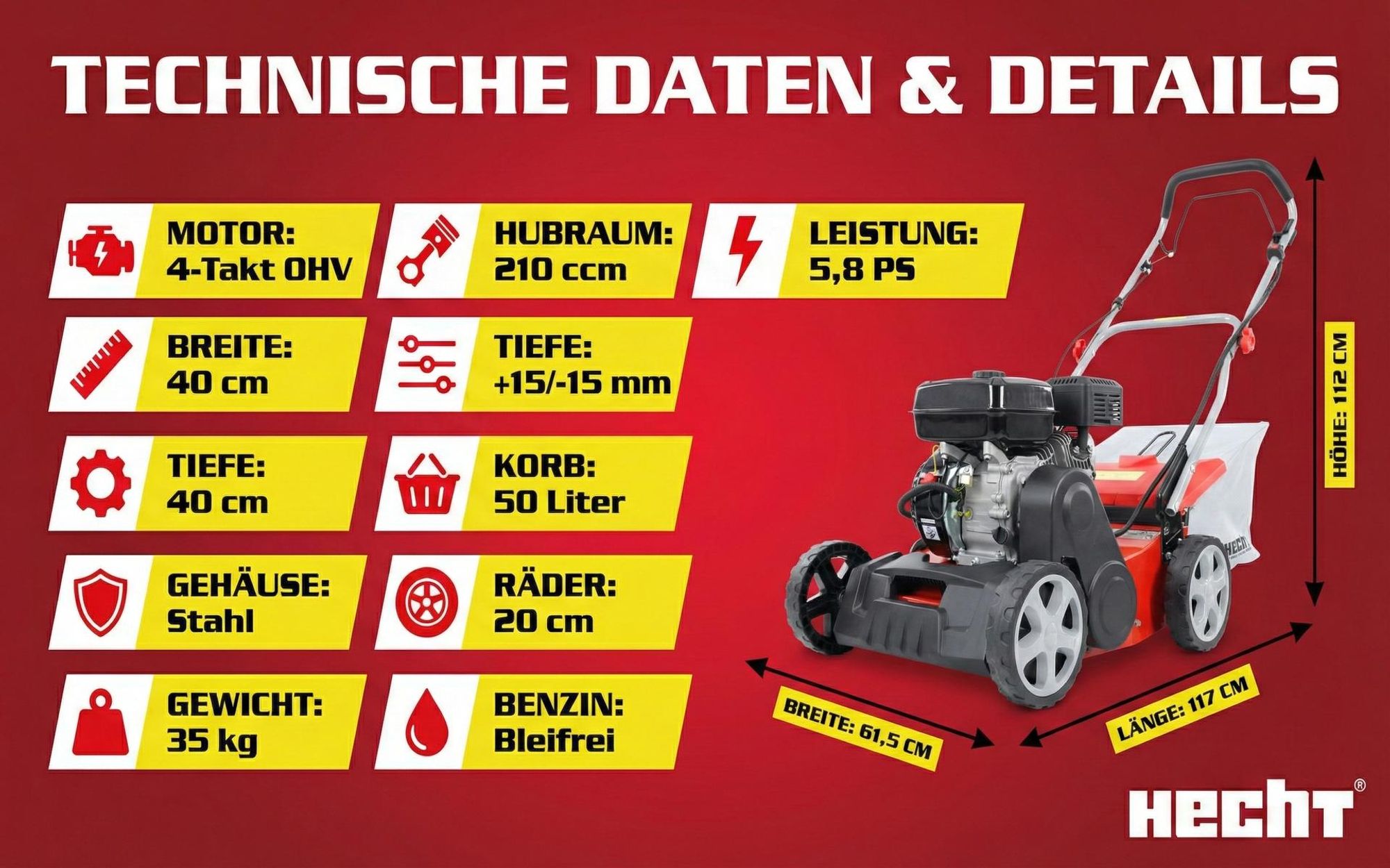 HECHT 5645 Vertikutierer Benzin | 2in1 Rasenlüfter | 40 cm Arbeitsbreite | 5,8 PS | Zentrale Höhenverstellung | 15 Messer | 26 Krallen