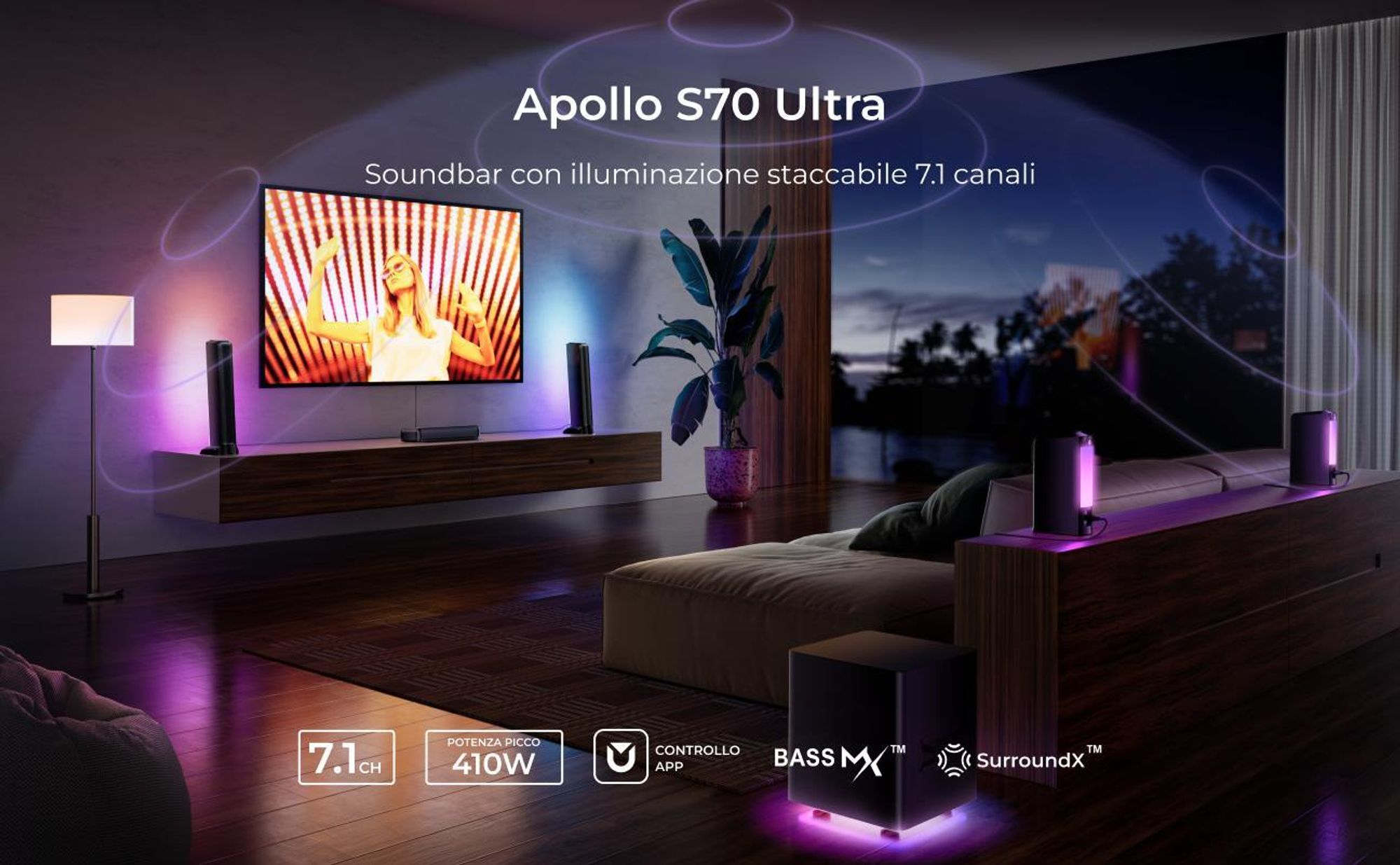 ULTIMEA Soundbar staccabile a 7,1 canali con luce RGB, sistema audio surround virtuale con subwoofer, 2 diffusori surround, 410 W
