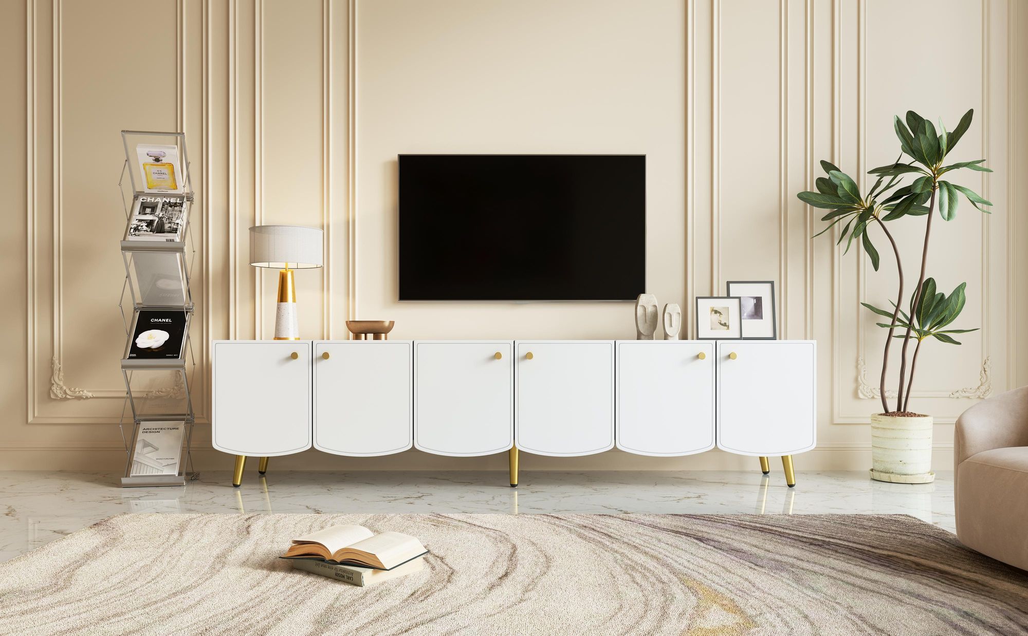 Merax TV-Schrank, Sideboard 180 cm, TV Lowboard mit 6 Türen, Goldene Metallfüße & Griffe, TV-Schränke, Fernsehtisch Wohnzimmer & Schlafzimmer, Weiß