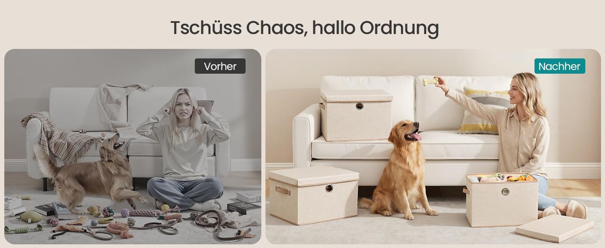 SONGMICS Aufbewahrungsboxen 3er-Set, Ordnungsbox, stapelbar mit Griffen, 43 x 30 x 30 cm, beige