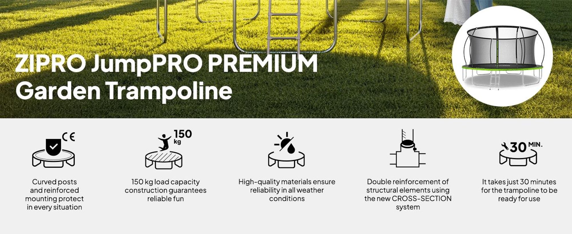 ZIPRO trampolína Jump Pro Premium | 14FT Ø 435 cm | Záhradná trampolína Detská trampolína Kompletná sada vrátane siete, rebríka a okrajového krytu, vonkajšia, zelená