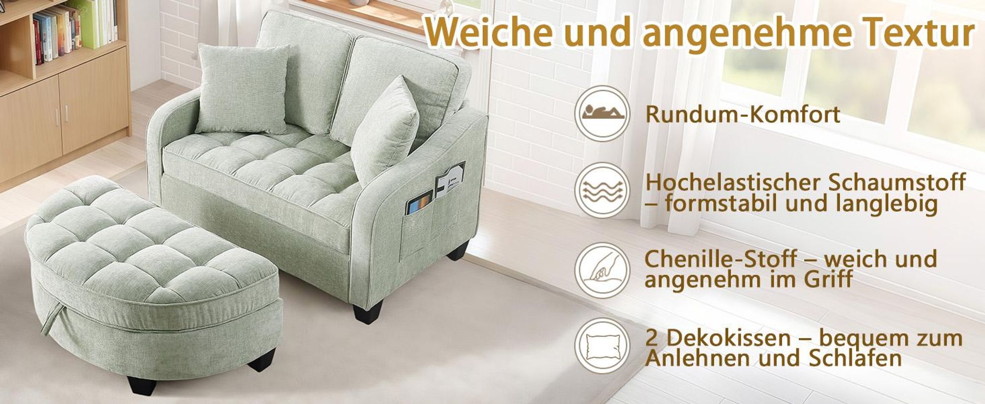 MODFU Multifunktionales Sofa Schlafsofa mit Aufbewahrungs-Hocker,Relaxsofa mit rutschfeste Kunststoffbeine,Cyan