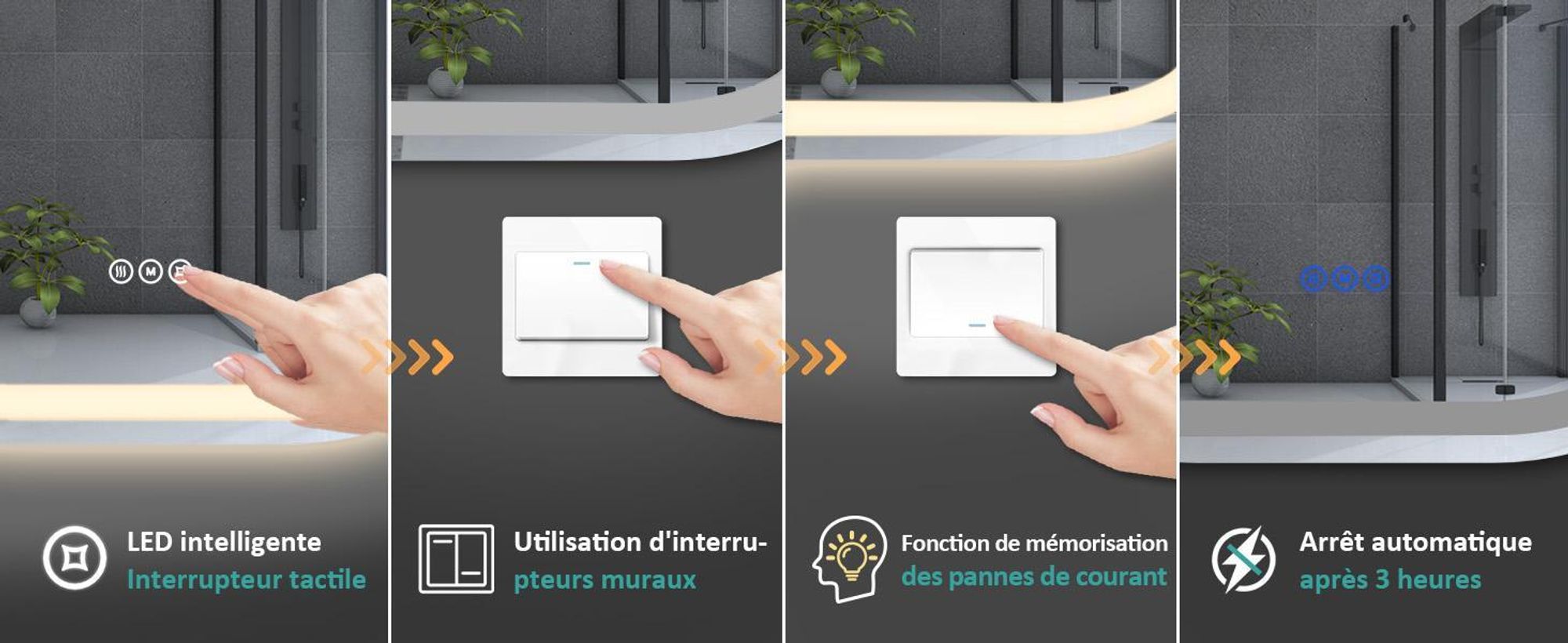 EMKE Miroir de salle de bain LED 80x60cm antibuée éclairage 3 couleurs de lumière miroir de salle de bain miroir mural avec interrupteur tactile réglable lumière