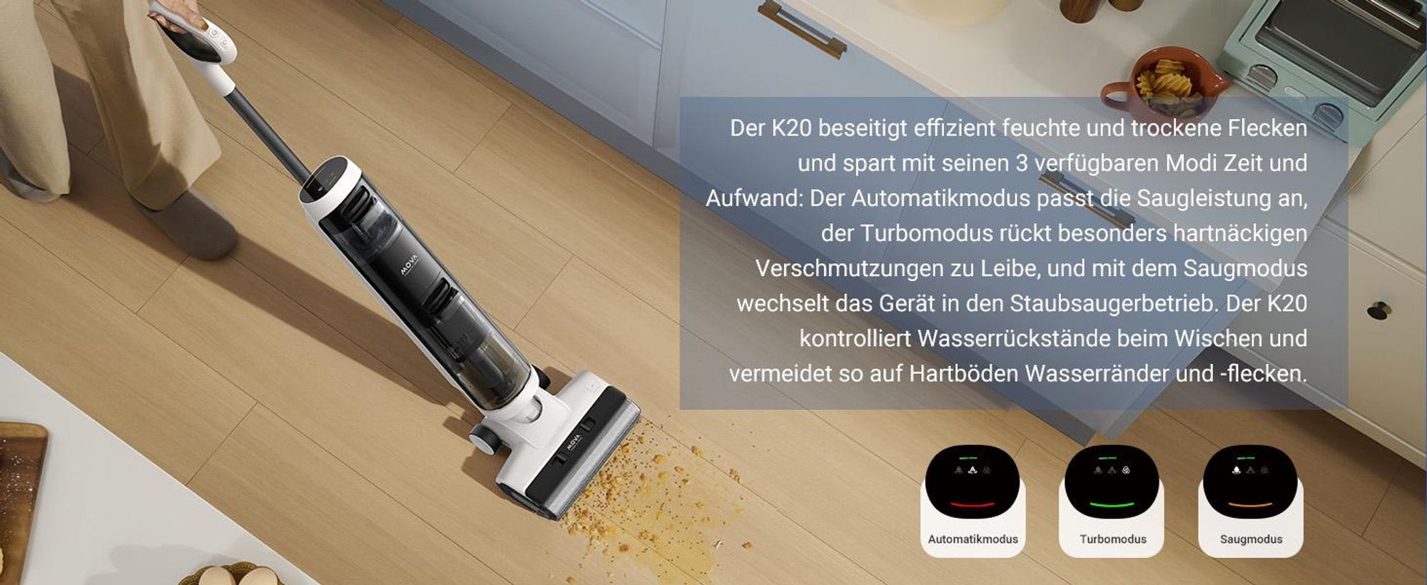 MOVA K20 Nass- und Trockensauger, selbstreinigende automatische Bürsten, 30 min Laufzeit, Doppel-Kantenreinigung