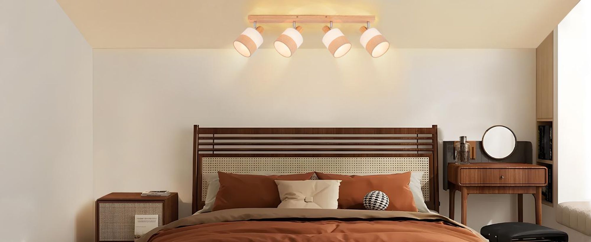 ZMH Lampa sufitowa , 4 płomienie, reflektor sufitowy E14, vintage, drewniany spot sufitowy, z kloszem z tkaniny, obrotowy 350°, MAX.25W, bez żarówek