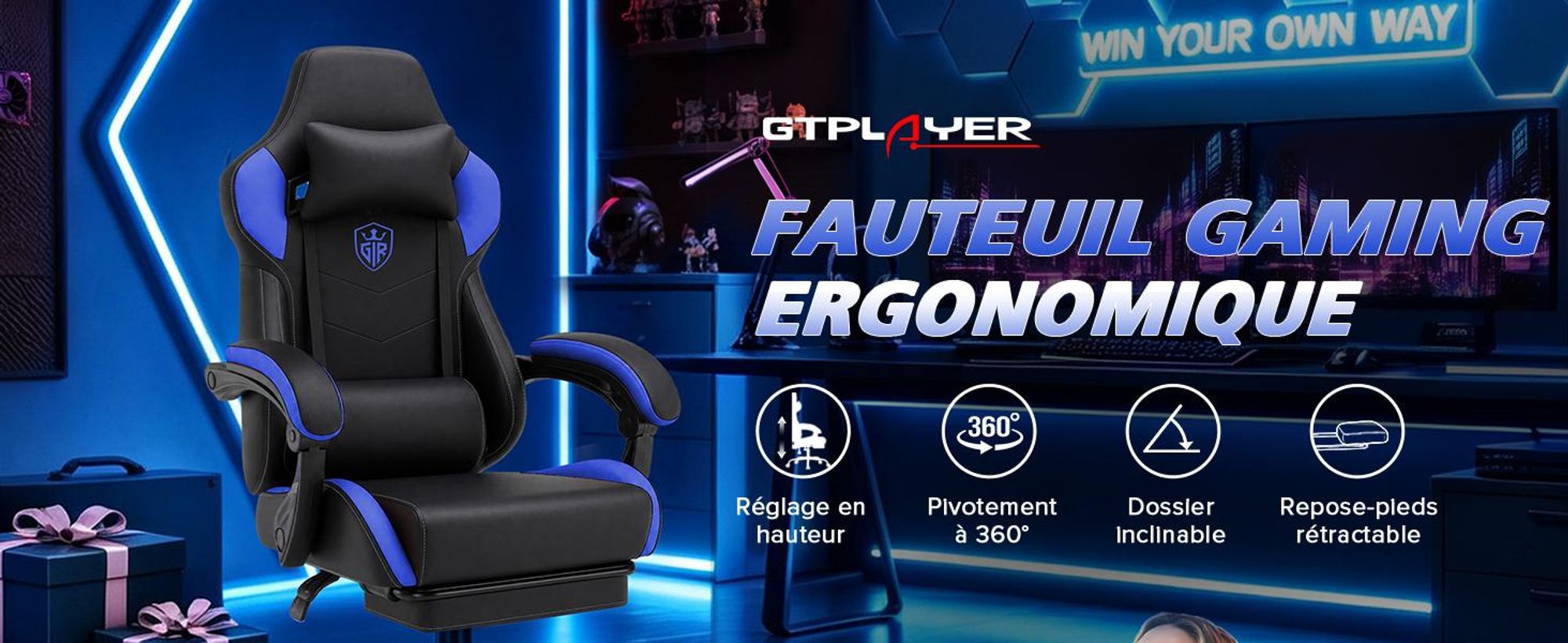 GTPLAYER Fauteuil gaming, chaise de bureau avec repose-pieds, fauteuil gamer ergonomique avec accoudoirs intégrés, chaise de bureau réglable en hauteu