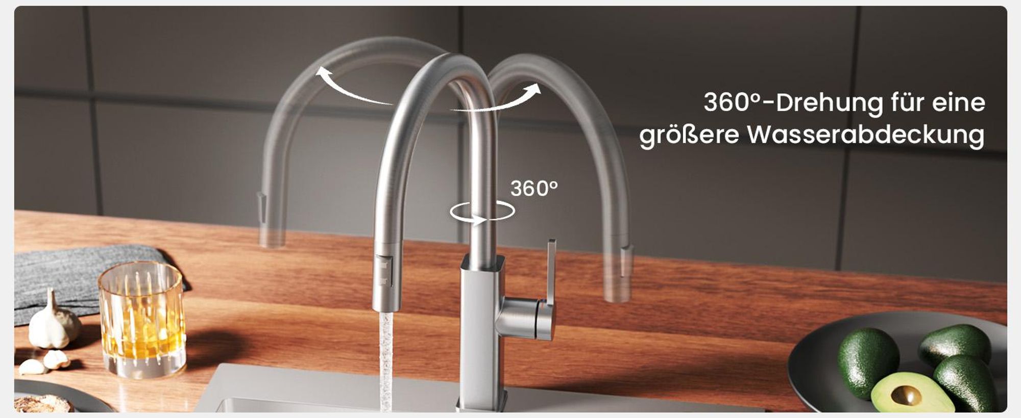 Wasserhahn Küchenarmatur, 360° Drehbar Spültischarmatur, Cecipa Ausziehbare Küchenarmatur 304 Edelstahl, Ausziehbarer Wasserhahn, Gebürstet