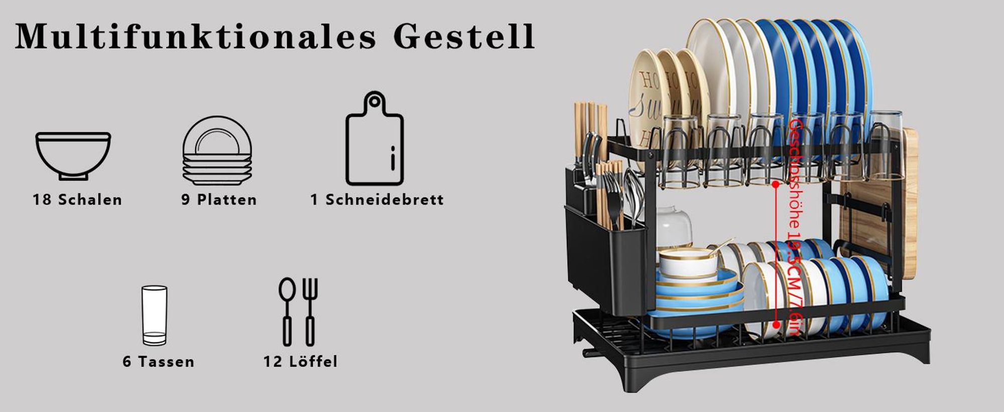 Geschirrabtropfgestell, Geschirrständer, Abtropfgestell geschirr, 2-stufiges Geschirrtrockner, mit Besteckkorb, Schneidebretthalter und Abtropfschale