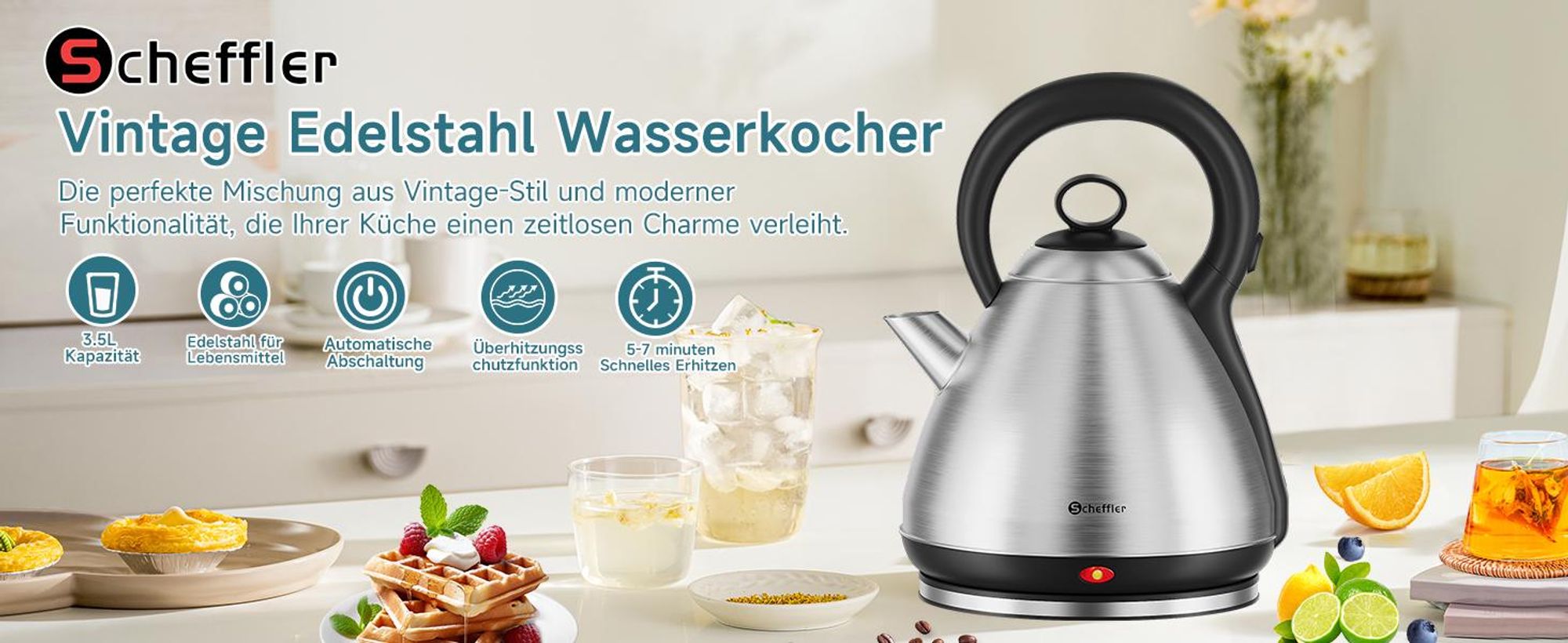 SCHEFFLER Wasserkocher Edelstahl 3,5Liter Teekocher Elektrischer Trockengehschutz Schnellkochfunktion Perfect-pour-Ausgustülle Fester Filter BPA-frei