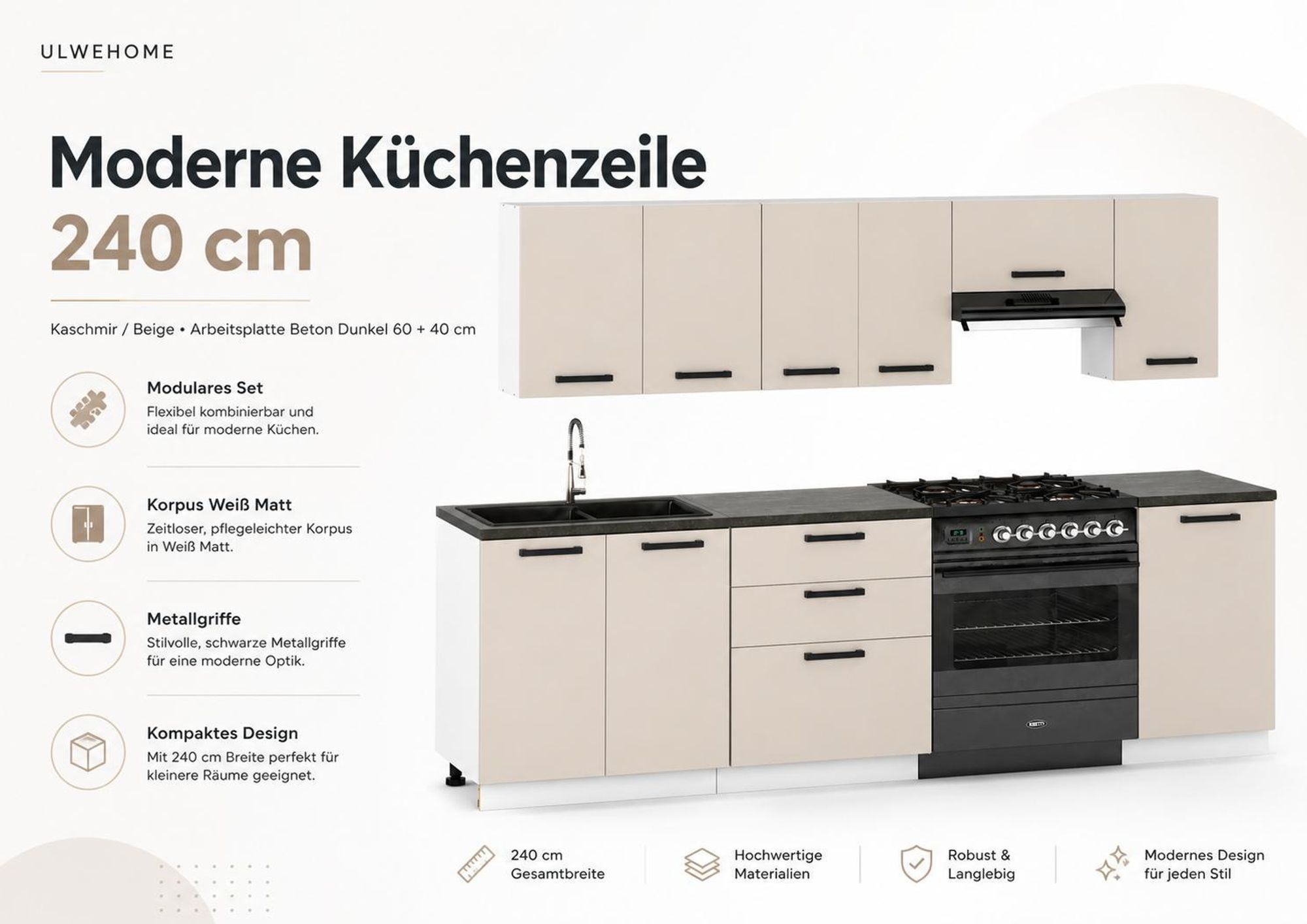 240 cm Küchenzeile in Kaschmir-Beige mit weißen Korpussen und geteilten Arbeitsplatten.