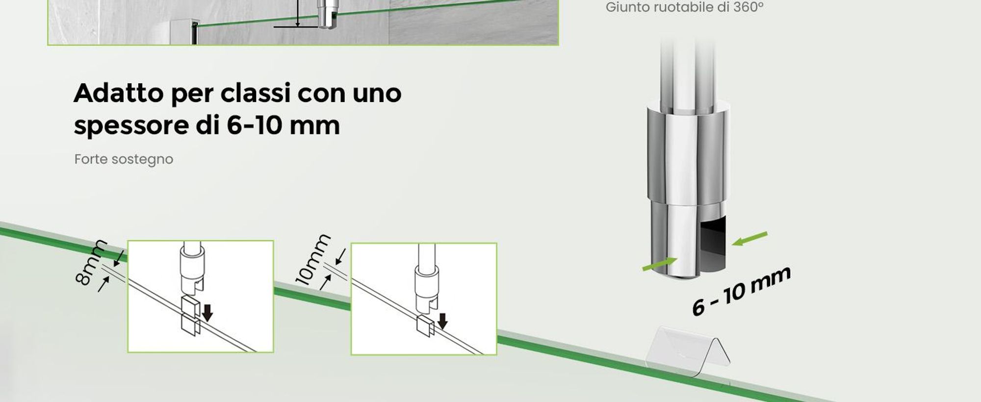 S'AFIELINA barra stabilizzatrice per doccia in acciaio inox, rotonda, regolabile (lunghezza), per vetro 6-10 mm, anche per soffitto, ideale per cabine doccia,1 pezzo