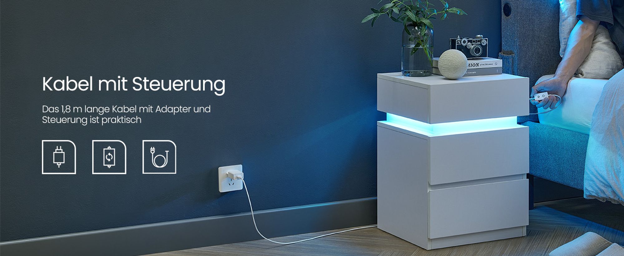 VASAGLE Nachttisch mit LED-Beleuchtung, mit 3 Schubladen, weiß, 2 St.