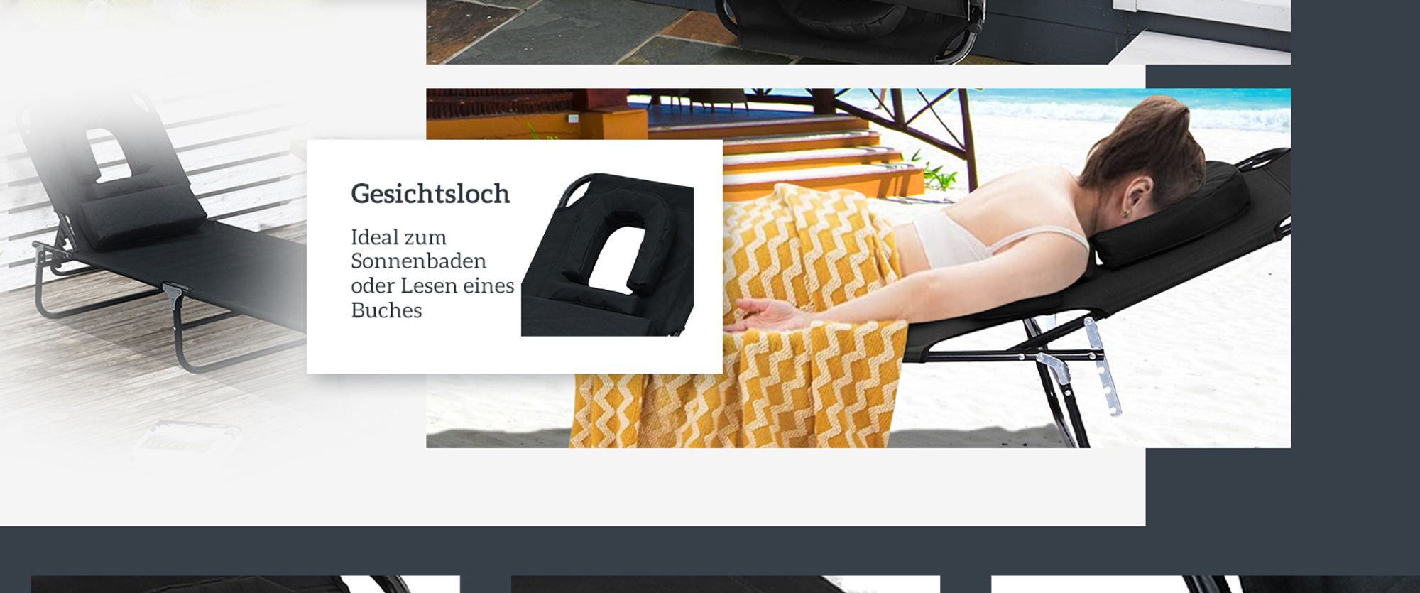Outsunny Sonnenliege Gartenliege Relaxliege Kissen mit Gesichtsloch Schwarz