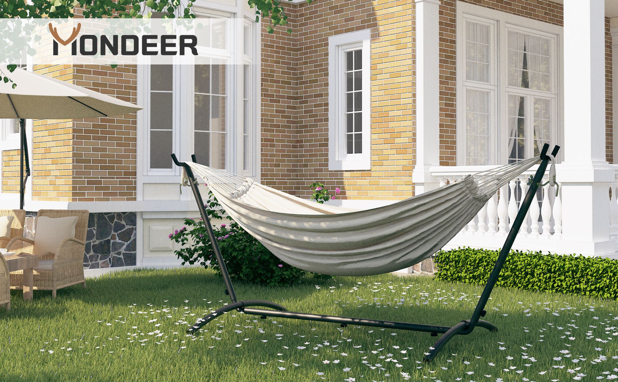 Mondeer Hängematte mit Gestell Stabhängematte Hängeliege Outdoor Sonnenliege bis 200kg Beige