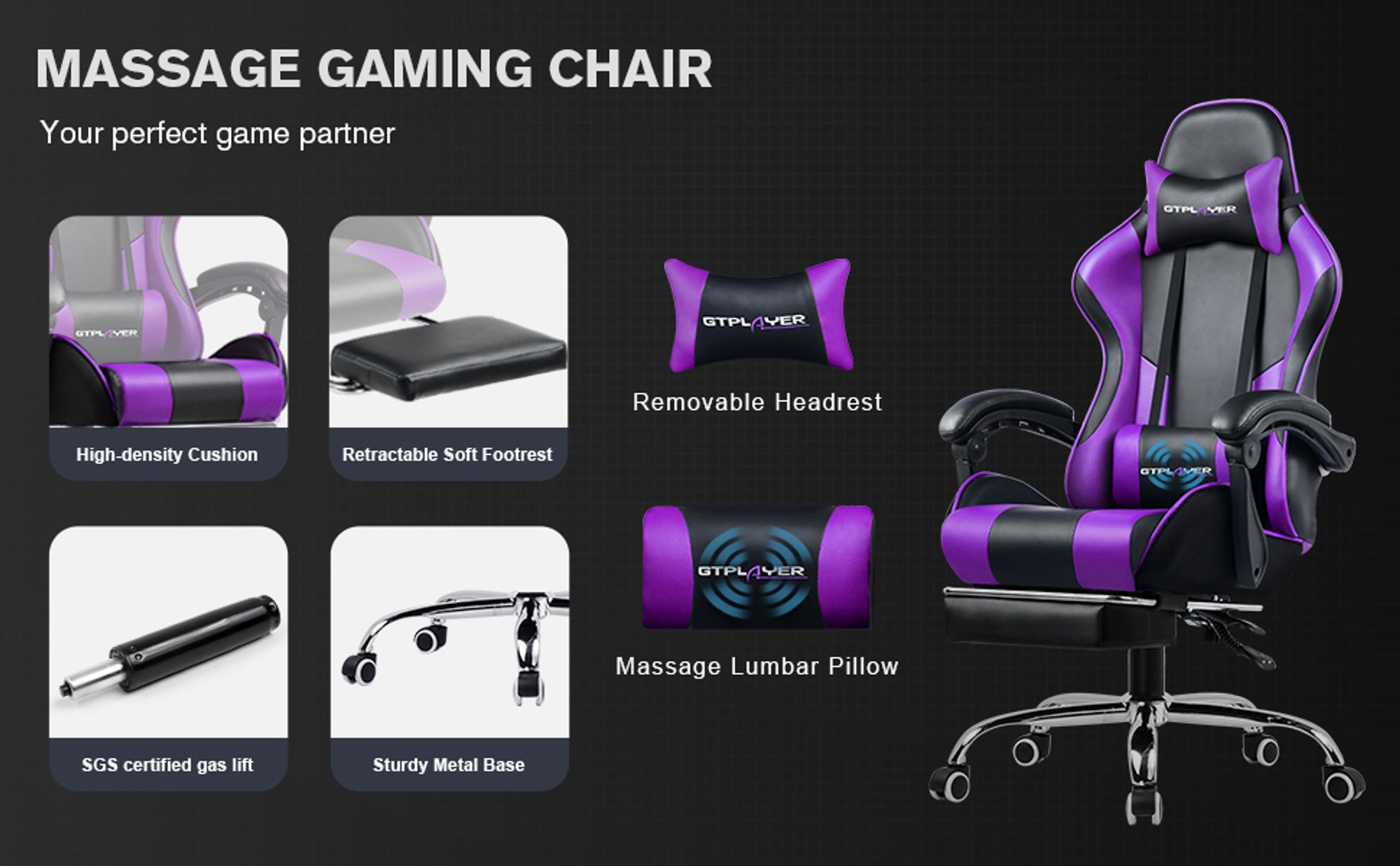 GTPLAYER Gaming-Stuhl Schreibtischstuhl, Ergonomischer Bürostuhl Mit Massagefunktion und Fußstütze, Gestänge Handlauf, Fußkreuz aus Stahl, Violett