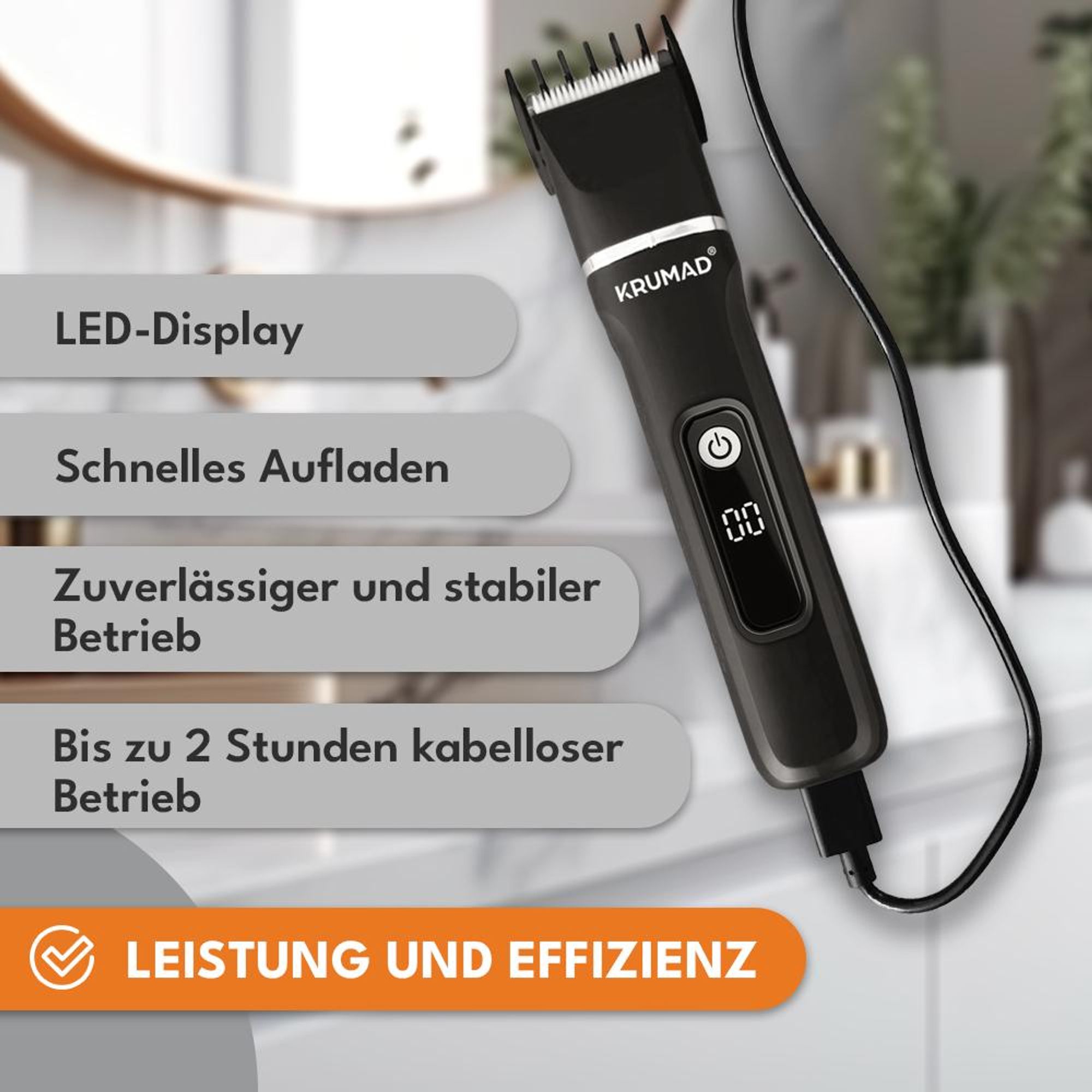 KRUMAD Haarschneidemaschine 6-in-1 IPX7 – Barttrimmer Herren, Elektrorasierer & Nasenhaartrimmer mit LED-Display – 120 Min Laufzeit & 4 Aufsätze
