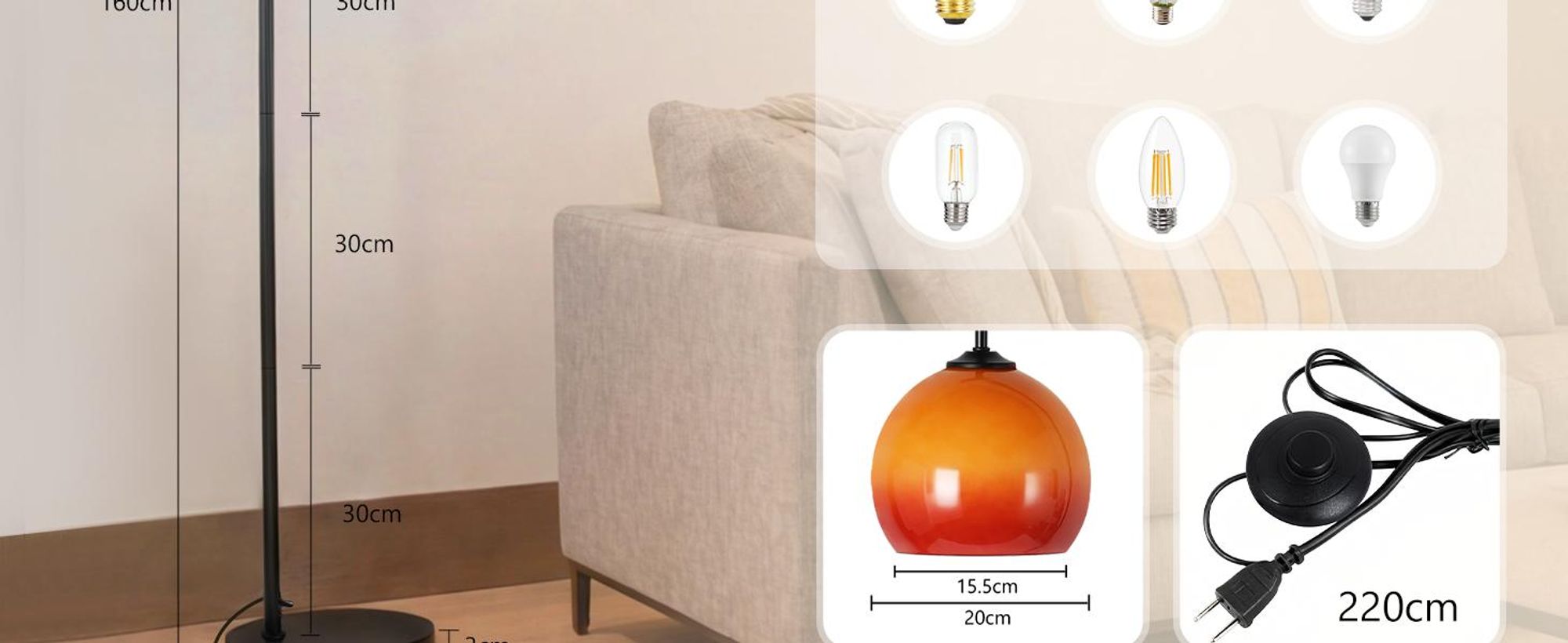 ZMH Boog vloerlamp engelstijl E27 met voetschakelaar 140‑160cm ijzer glas lampenkap draaibare arm voor woonkamer studeerkamer slaapkamer kantoorruimte