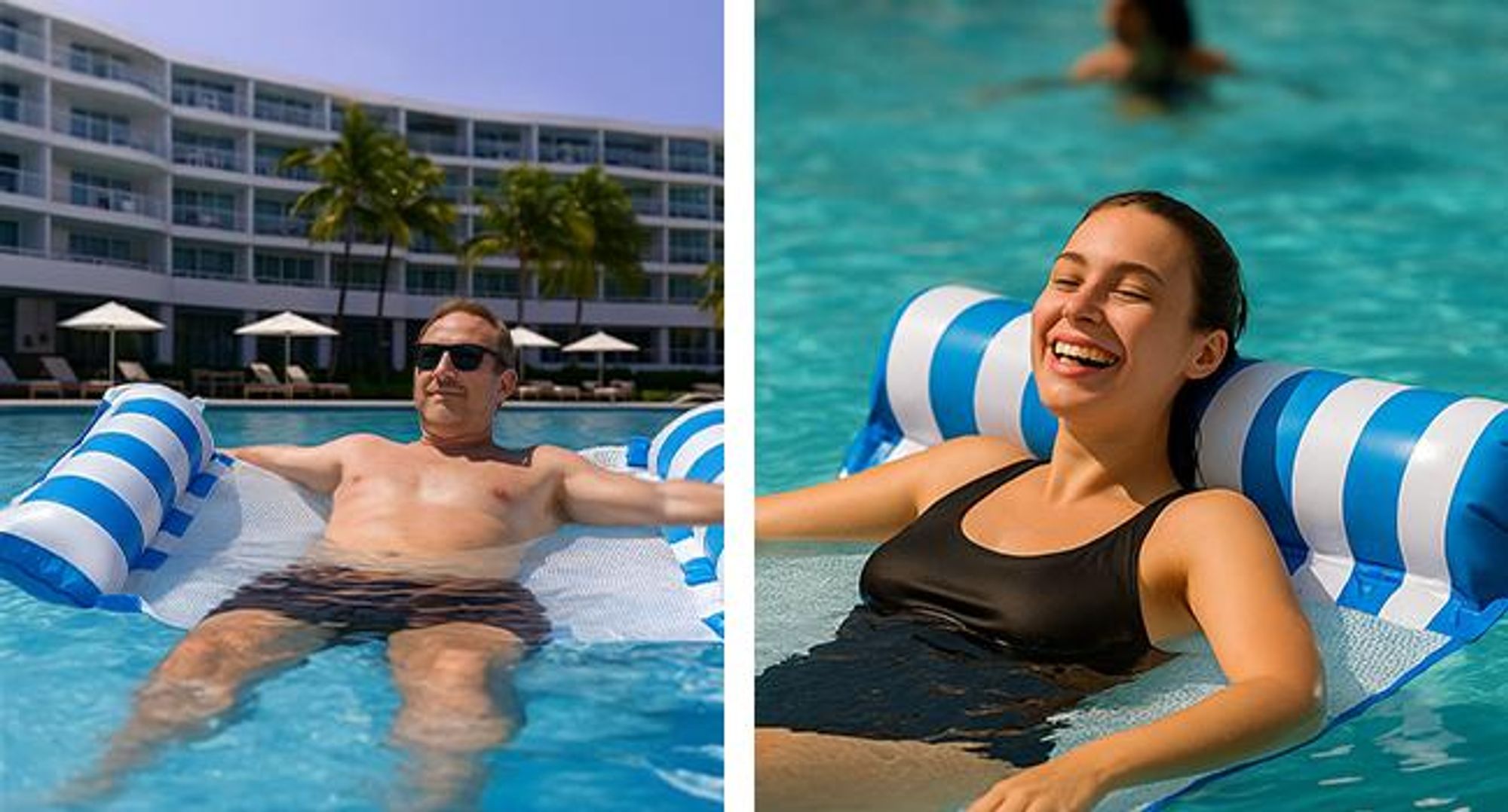 KRUMAD Wasserhängematte Aufblasbar 115x65 cm, Schwimmliege mit Netz und Kopfstütze, Pool Luftmatratze für Erwachsene, Strand & Meer, Blau-Weiß