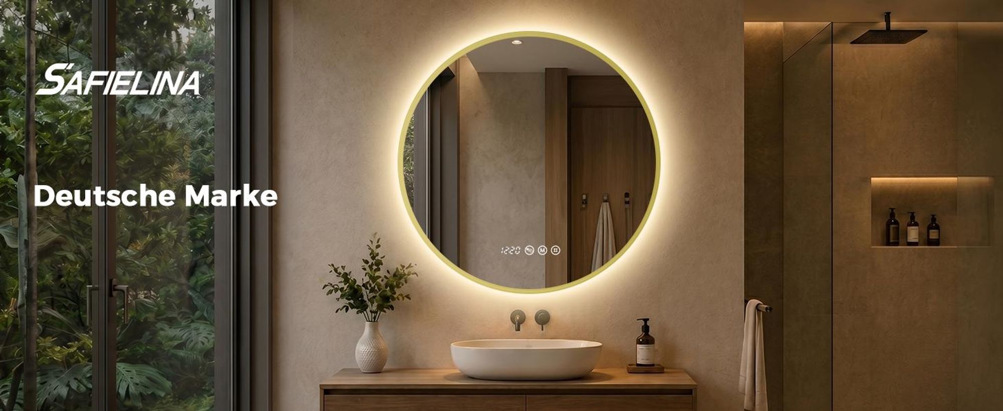 S'AFIELINA LED Badezimmerspiegel Rund Ø70 cm, Goldener Rahmen, 3 Lichtfarben, stufenlos dimmbar, Antibeschlag, Uhr & Temperaturanzeige, Memory