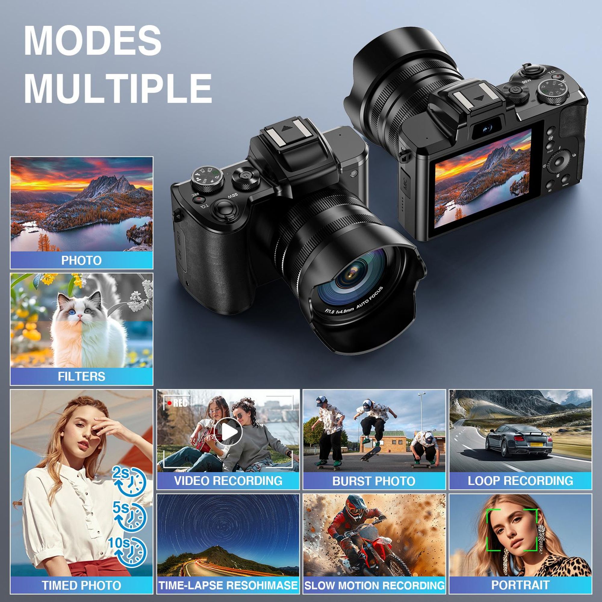 8K-Digitalkamera mit Autofokus, 88 MP, WLAN, professionelle Kamera mit zwei Objektiven und 16-fachem Digitalzoom sowie Touchscreen