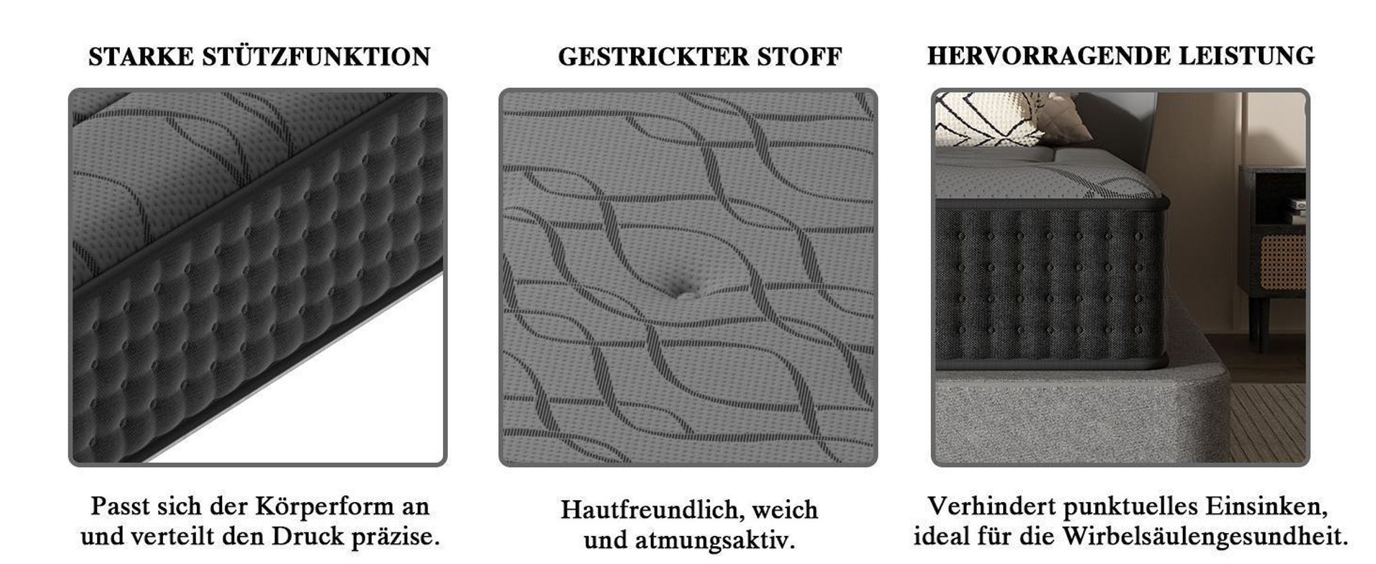 DEWINNER, Matratze Geräuschlose 140x190, Höhe 28 cm, Gedächtnisschaum, Hautfreundliches Graues Obermaterial, Fester Komfort, Atmungsaktiv, 7 Zonen