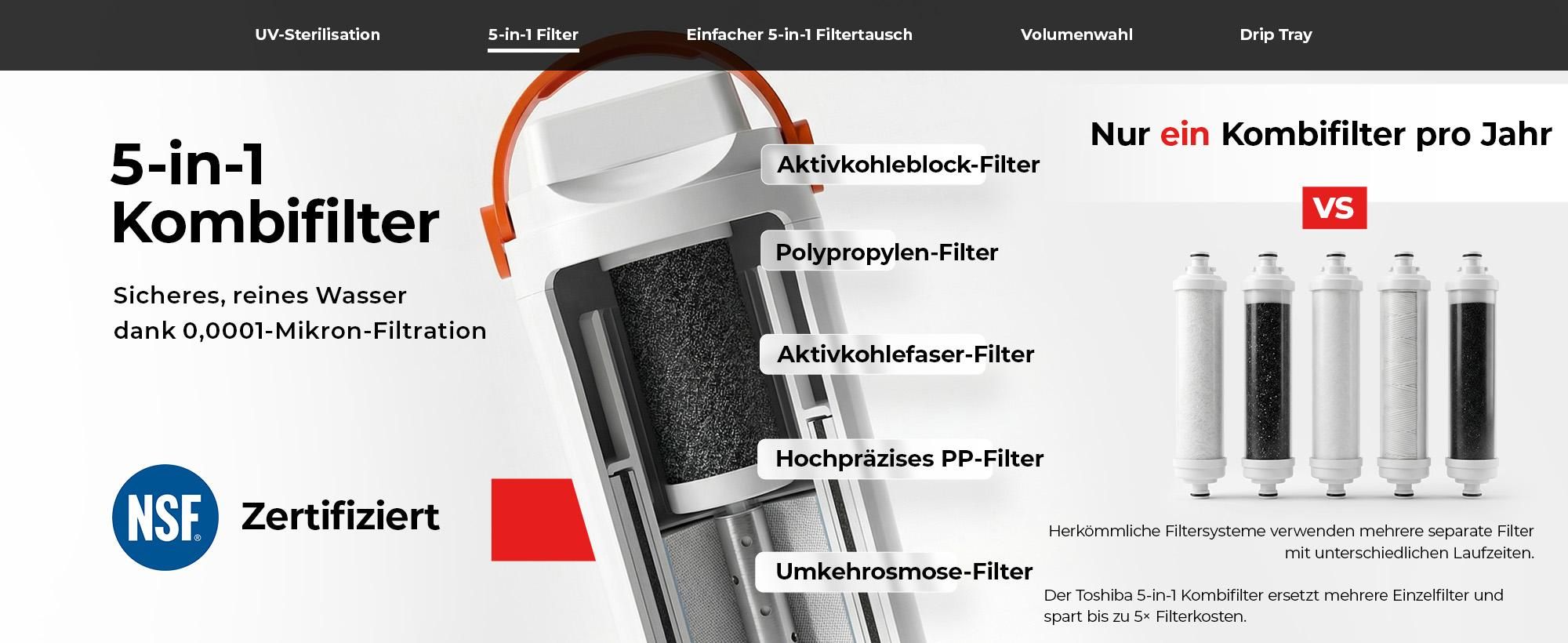 Toshiba Osmoseanlage, Wasserfilter Trinkwasser, Auftisch, Keine Installation, Heißwasserspender, Umkehrosmoseanlage, Mehrfach-Filterung, grau
