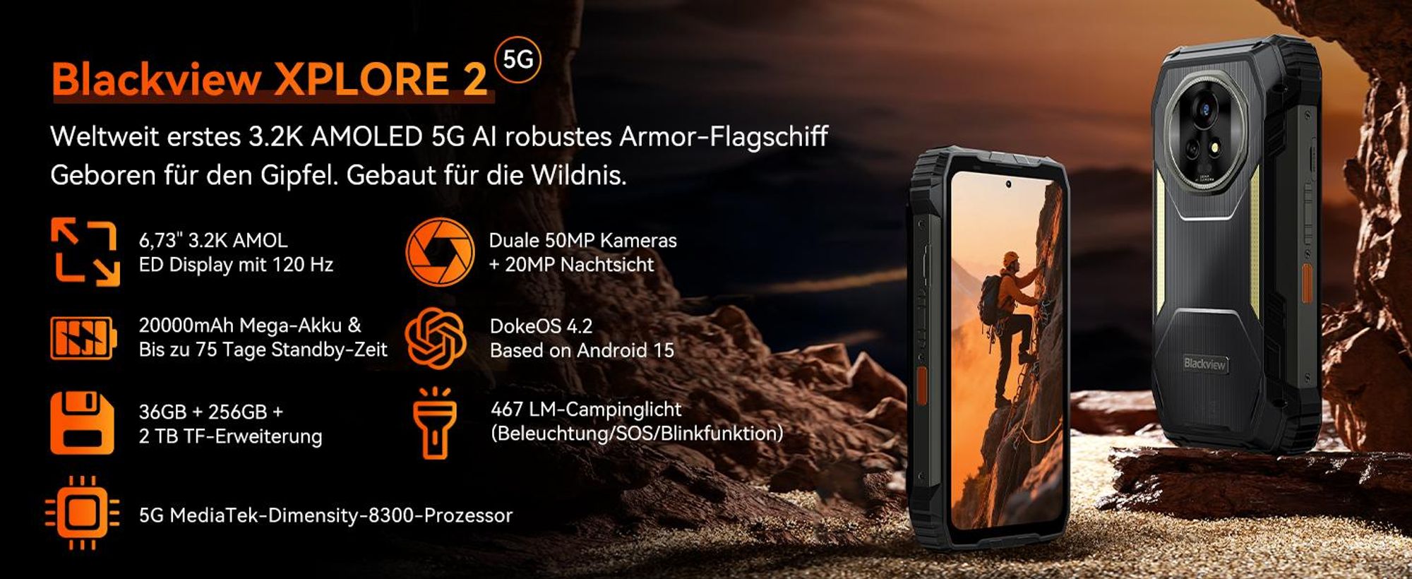 2026 Blckview XPLORE 2 5G eSIM Ohne Vertrag Outdoor Handy,36+256GB,Dimensity 8300/120W,20000 mAh, 50MP+20MP, Infrarot-Fernbedienung,NFC/IP69K