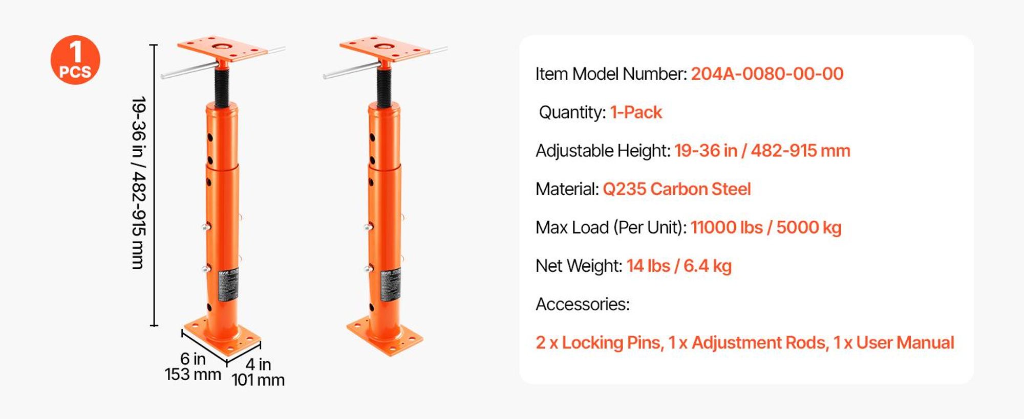 VEVOR Hausbodenheber, 53"-93" Höhenbereich, 18000 lbs maximale Tragfähigkeit, verstellbarer Stützträger Kellerheber Pfosten für Nivellierung, Hebestütze Stahl teleskopierbarer Hebepfosten für temporäre Unterstützung, 19-36 in