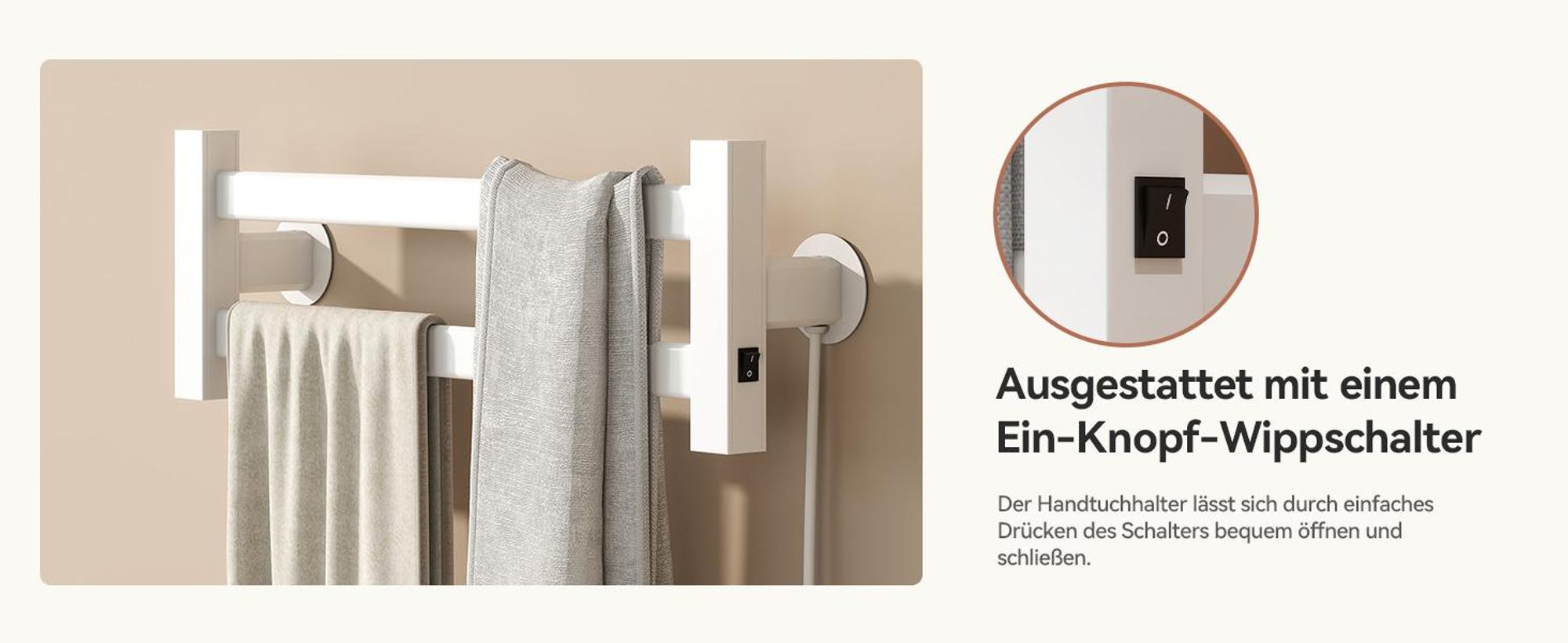 Puluomis Heizkörper Elektrischer Handtuchhalter mit Ein-Knopf-Schalter, 55°C konstante Temperatur, IPX4 wasserdicht, Badheizkörper 48,5x16,5cm weiß