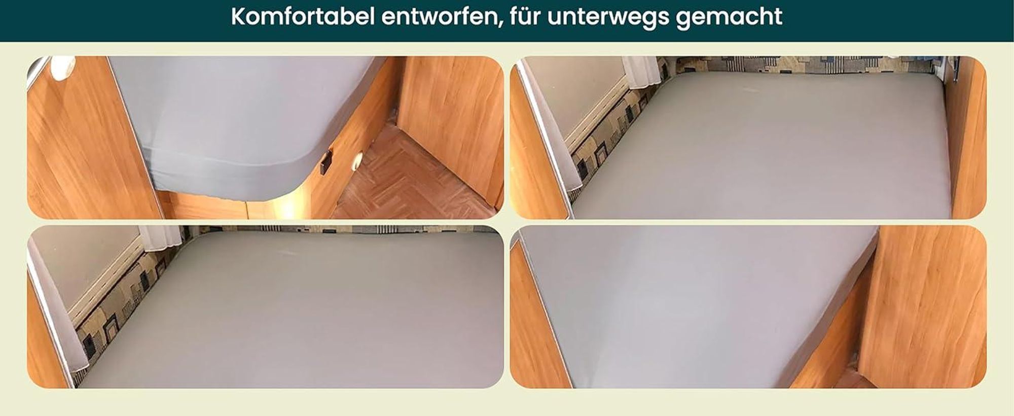 Praktische Fotos, die das Spannbettlaken auf einer Queen-Size-Wohnmobilmatratze zeigen.