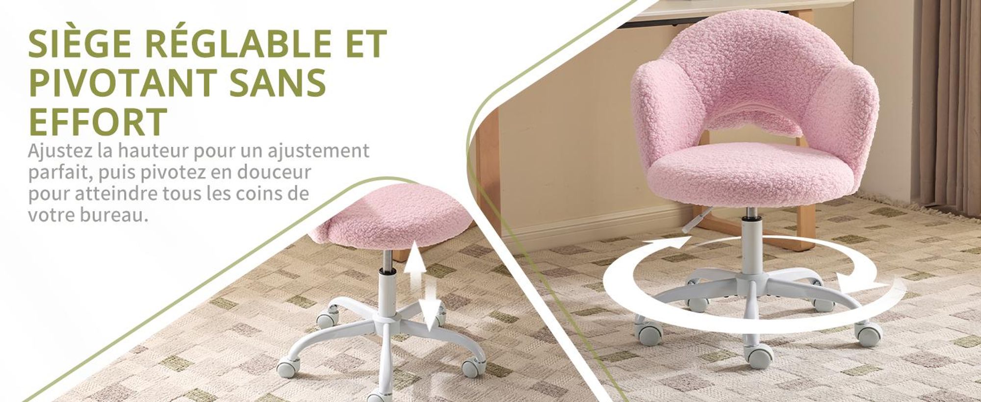 Chaise de bureau pivotante en forme de fleur, avec coussin lombaire, revêtue de similicuir mouton, 1 pièce, dimensions 59×57×76‑85,5 cm, rotation à 360°, couleur rose