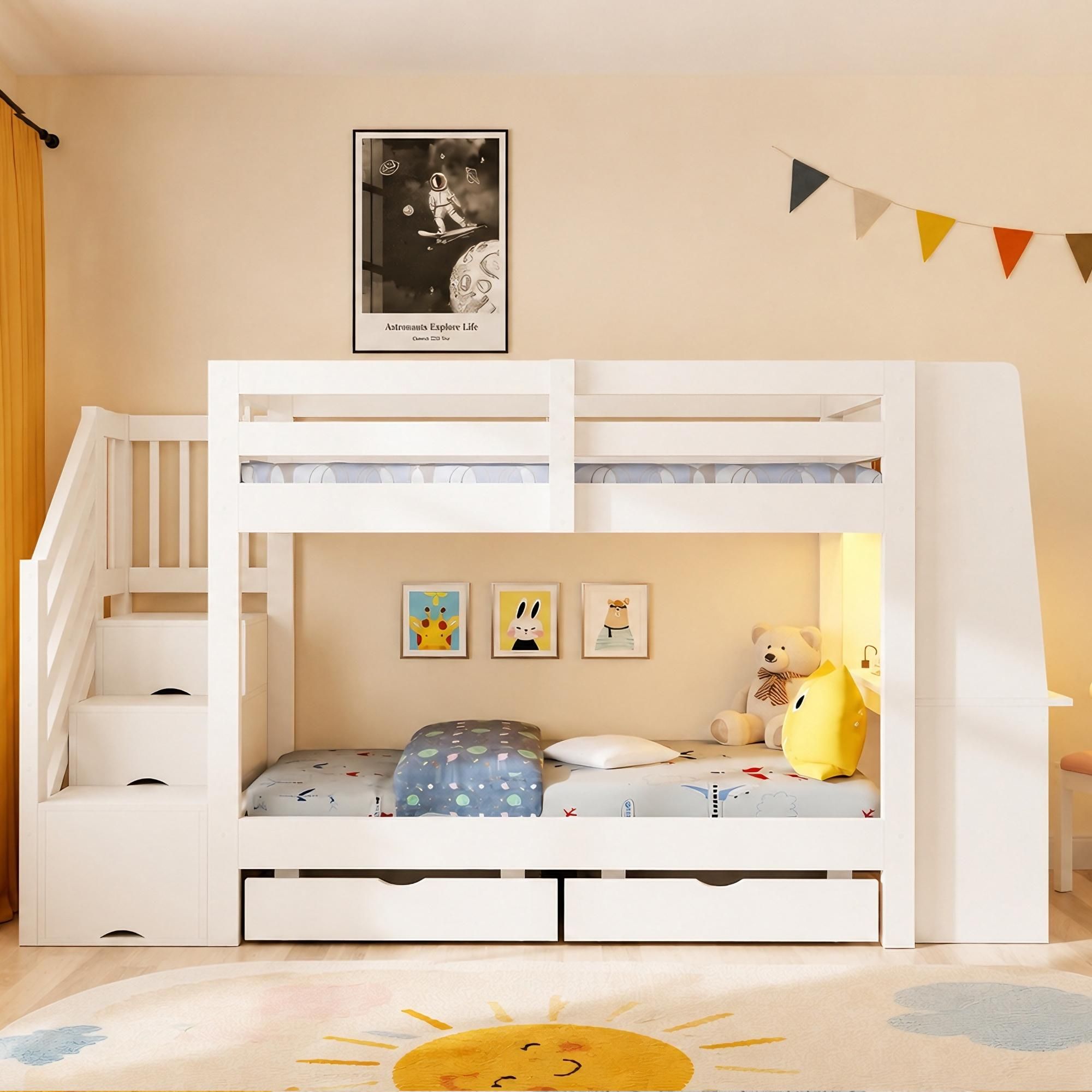 Flieks Etagenbett 90x200 cm mit Treppe, Doppelstockbett mit Schreibtisch und Schubladen, Hochbett mit LED-Lichtleiste und Steckdose, Weiß, Holz