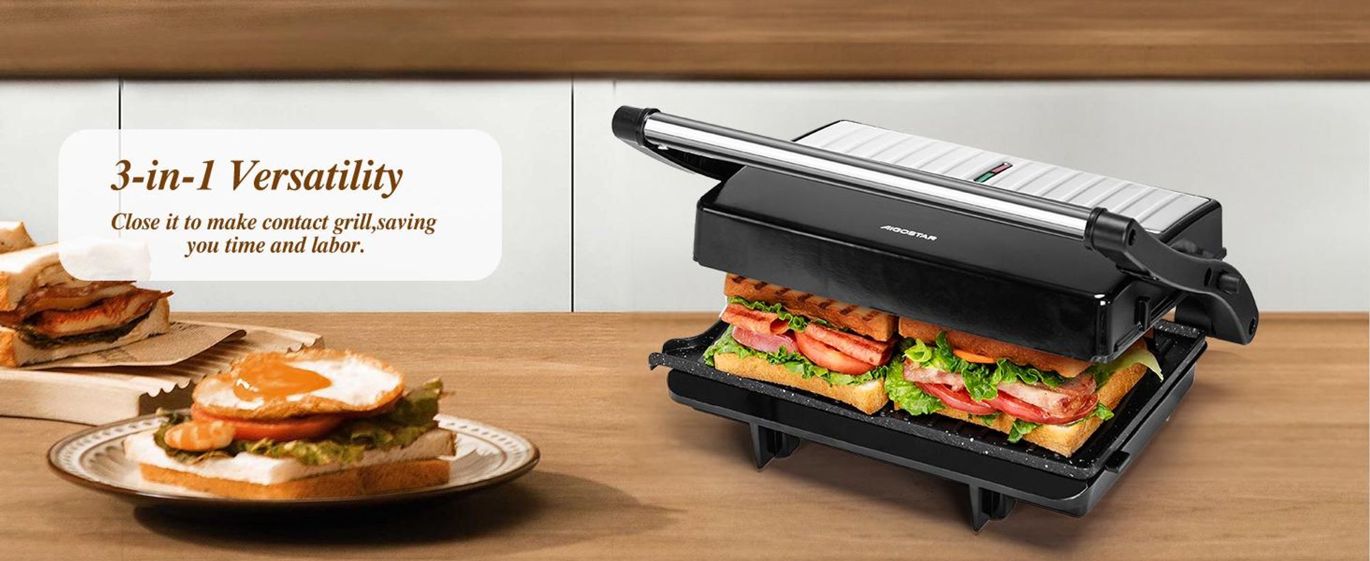 Aigostar - XXL Kontaktgrill Panini Grill, Sandwich Maker, Edelstahl, 1000W , Gleichmäßige Erwärmung, 180° Kontaktgrill, Leicht zu lagern