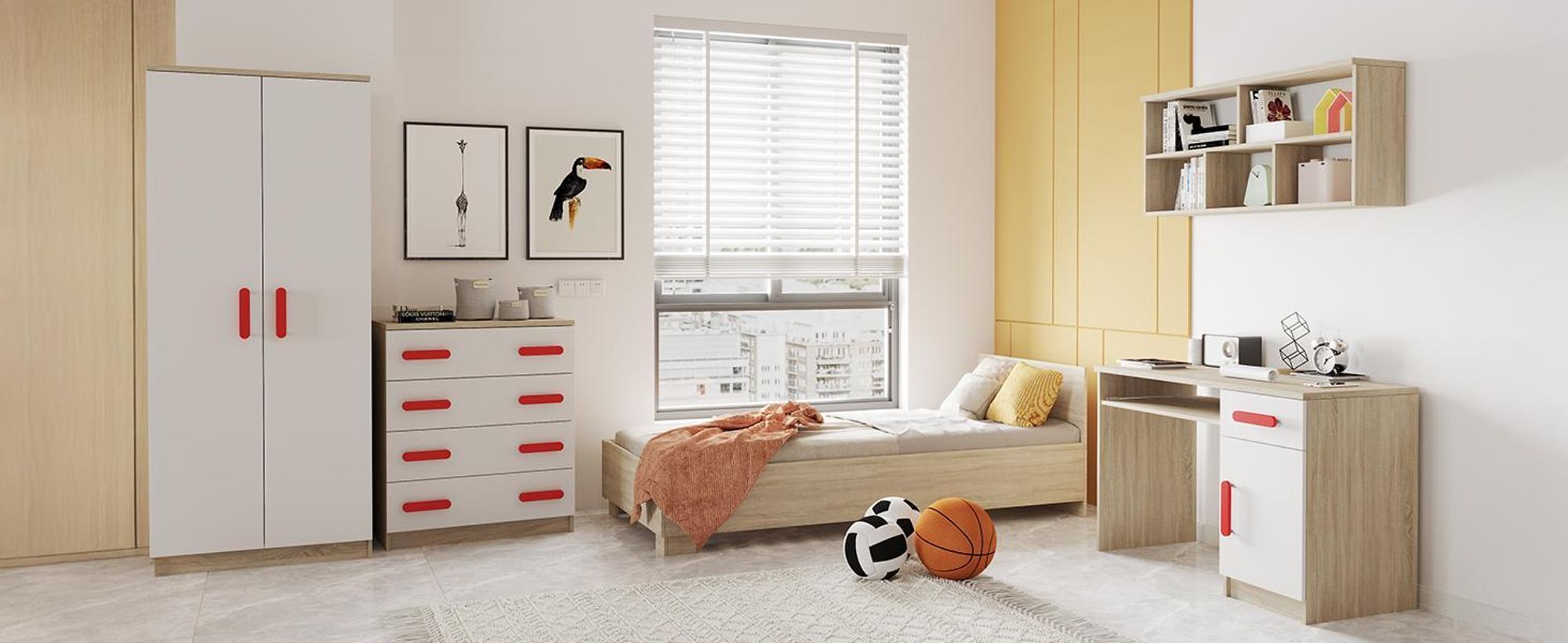 Drehtürenschrank JONAS 06 – Kinderschrank 80 cm Sonoma/Weiß mit roten Griffen