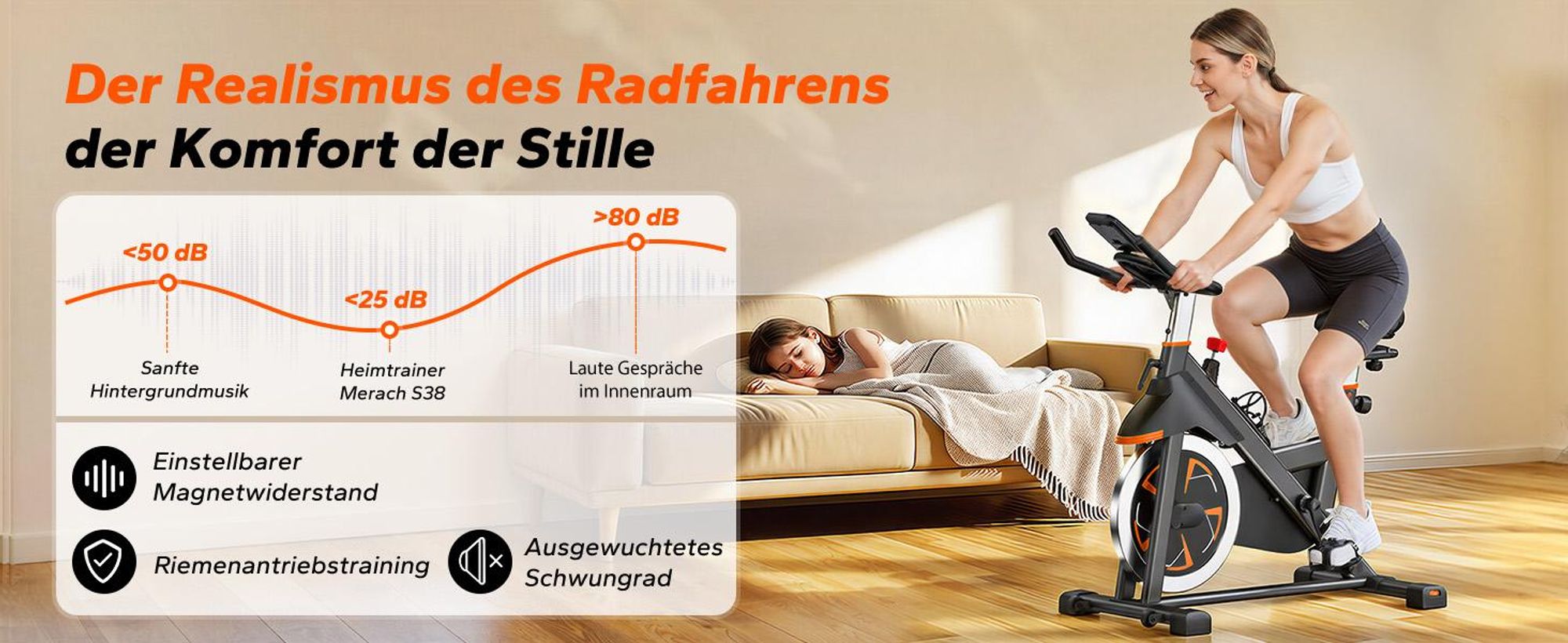 Leises Magnetischer Heimtrainer, Fitnessbike für Zuhause mit LCD, Tablet-Halter, 0–100 % Widerstand, kompatibel Kinomap/Zwift, verstellbar, bis 180 kg