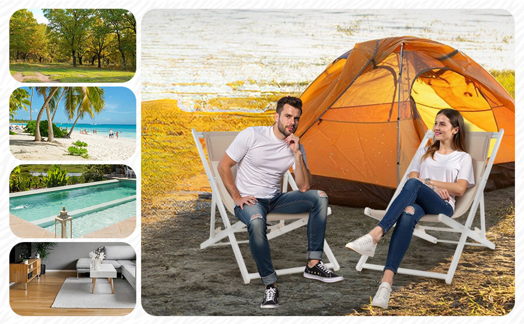 Mondeer 2er Set Sonnenliegen Gartenliege klappbar mit verstellbarer Kopfstütze Weiß und Beige