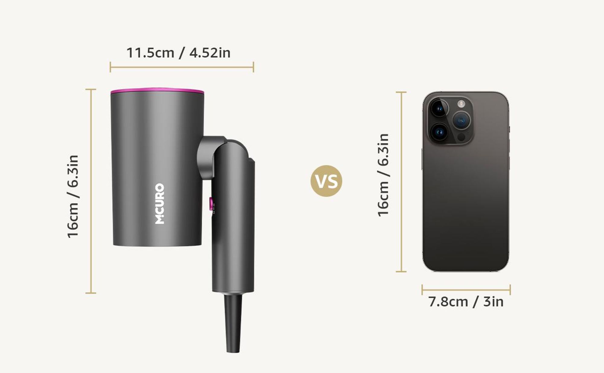 MCURO Haartrockner Ionen 2100W, Profi Föhn mit Heiß-/Kaltlufttaste, 2 Heizstufen & 3 Geschwindigkeiten, Faltbarer Reisehaartrockner, Schnelltrocknend, Grau