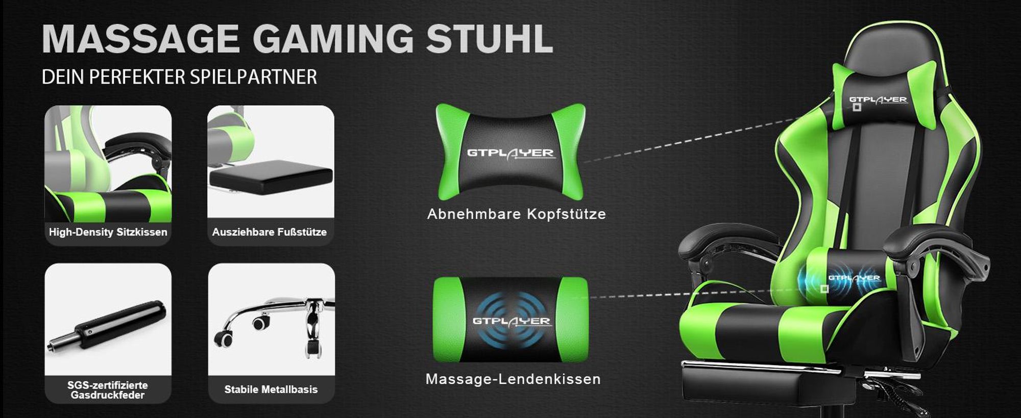 GTPLAYER Gaming Stuhl, Bürostuhl, Ergonomischer Pc Stuhl, Gaming Sessel mit Massagelendenwirbelstütze mit Fußstütze und Kopfstütze, Grün Kunstleder