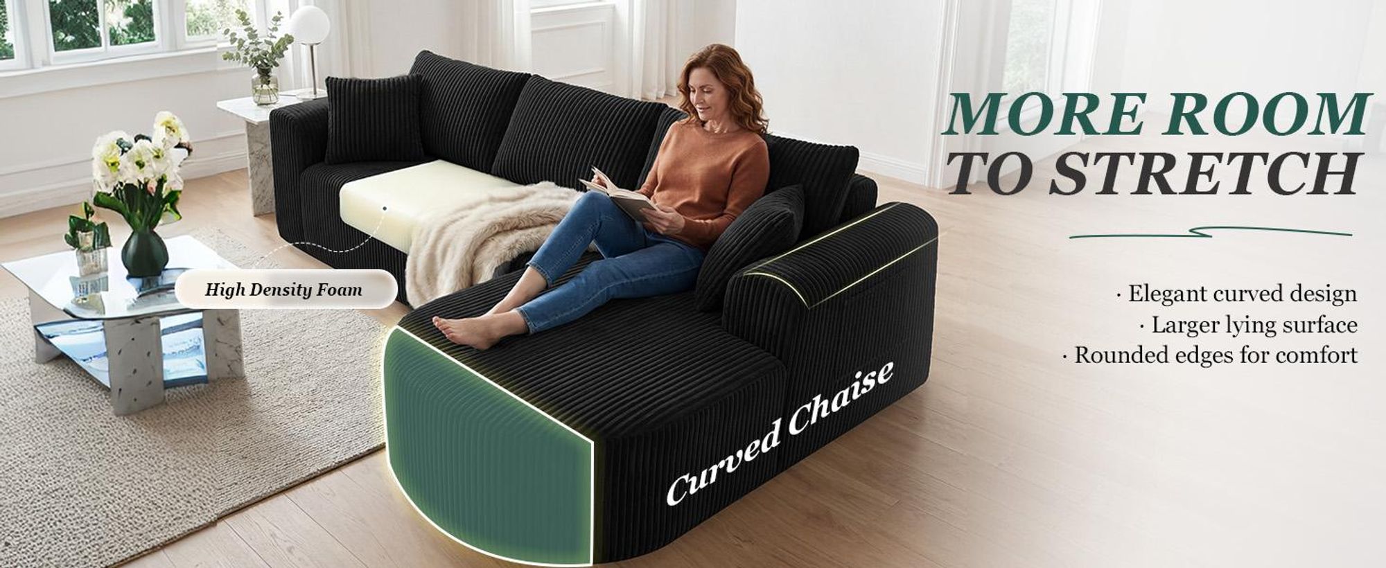 COMHOMA Rohová sedačka s možnosťou rozloženia na lôžko, 263 cm, corduroy, modulárna, bez kostry, s chaise longue, rohová sedačka s možnosťou rozloženia na lôžko, modulárne sedačky s vankúšmi a bočnými vreckami