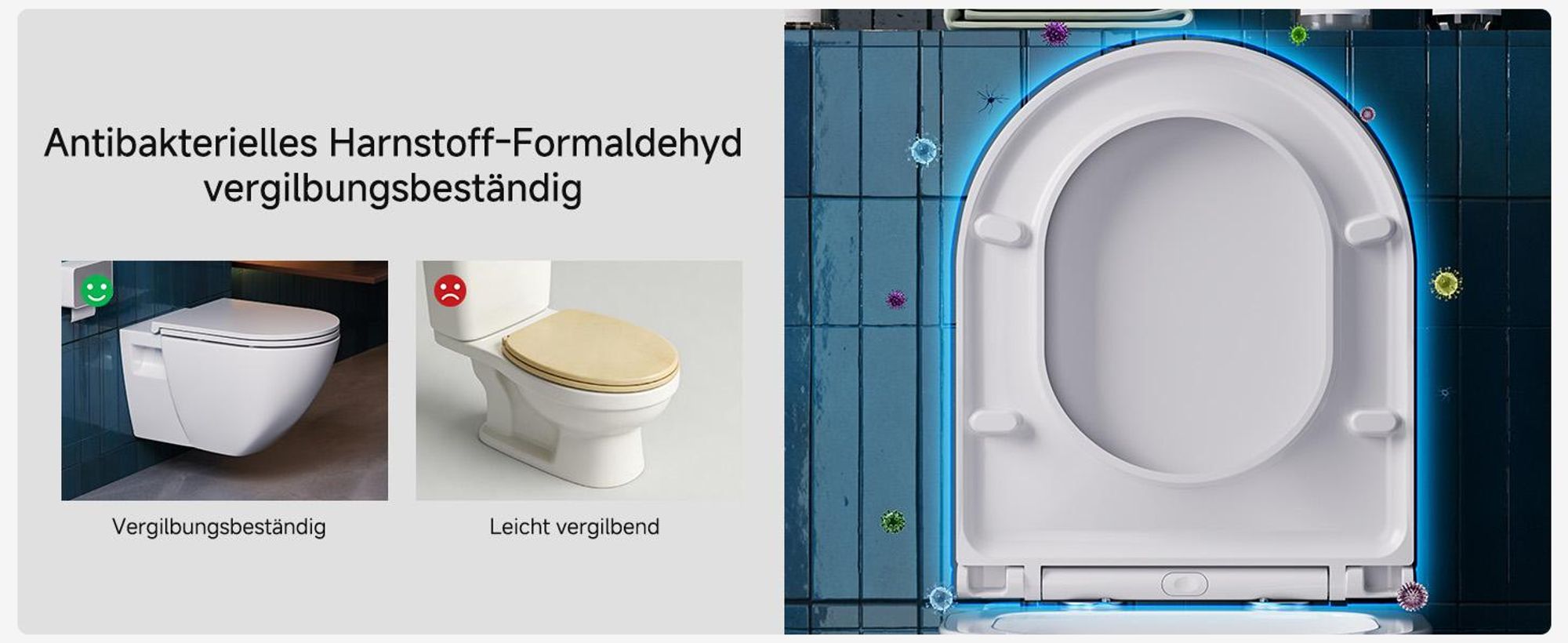 WC-Sitz D Form 43 x 36 cm Weiß Duroplast Toilettendeckel mit Absenkautomatik und Schnellbefestigung Heavy Duty 175kg Klobrille Antibakteriell