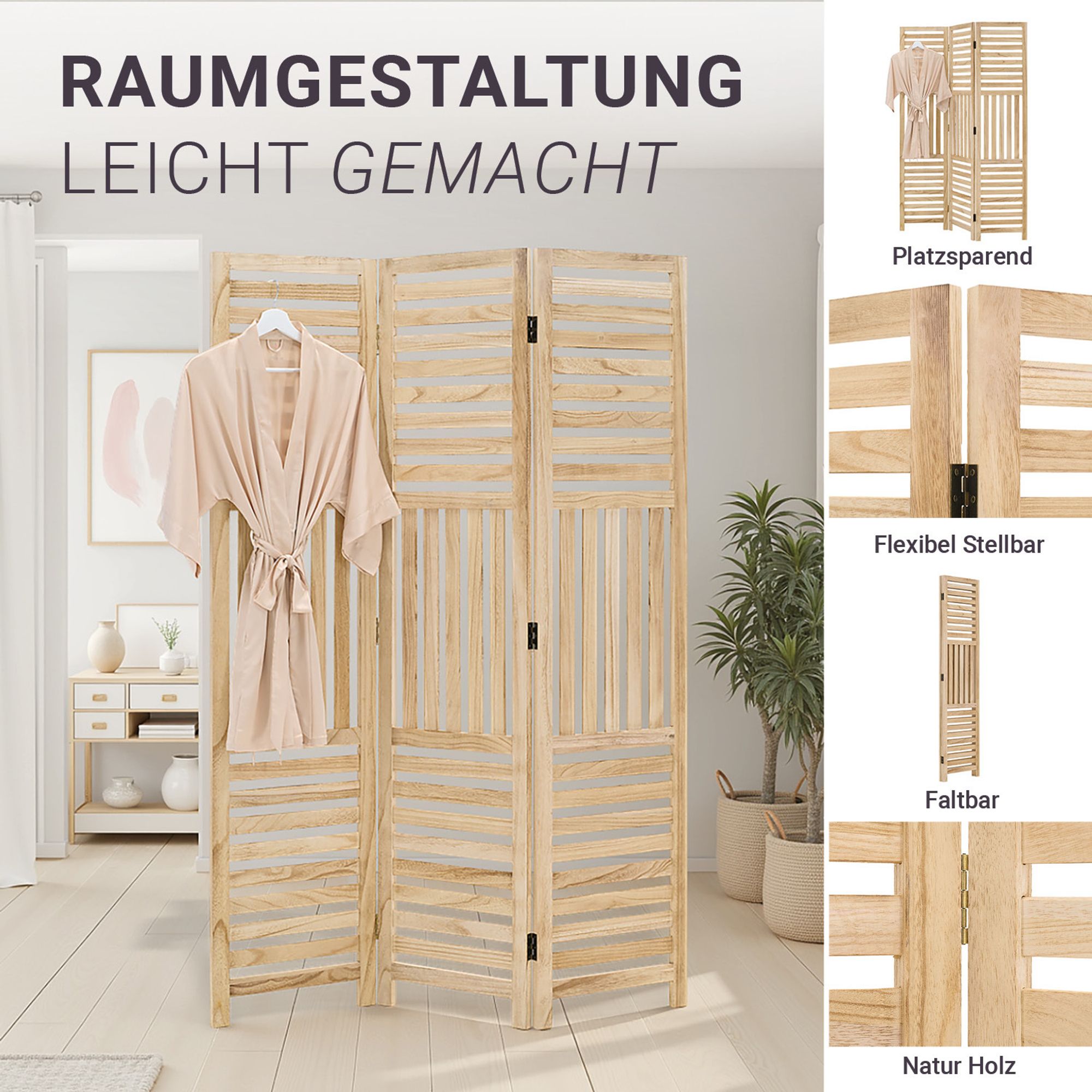 Der Raumteiler lässt sich leicht zusammenklappen und ist daher platzsparend.