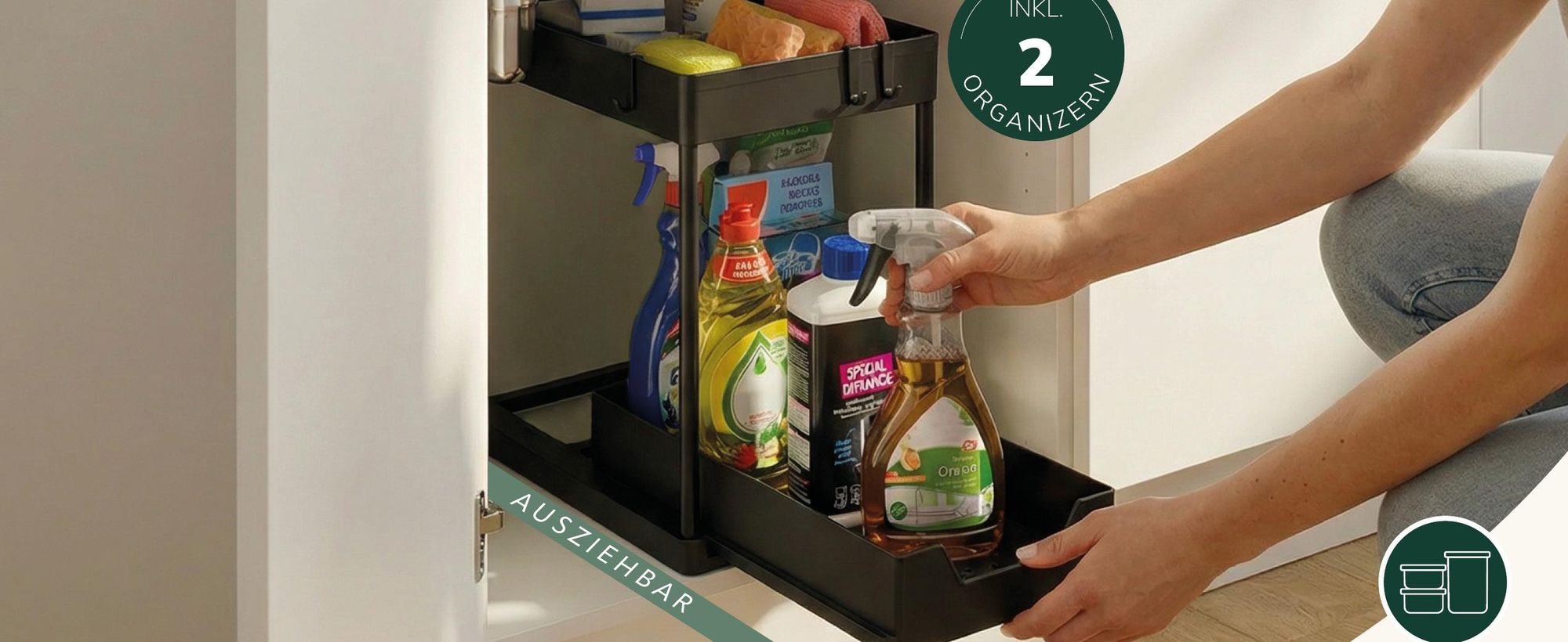 eluno Spülschrank-Organizer 2er Set, 2-stöckiges ausziehbares Unterschrankregal inkl. 8 Haken, schwarz