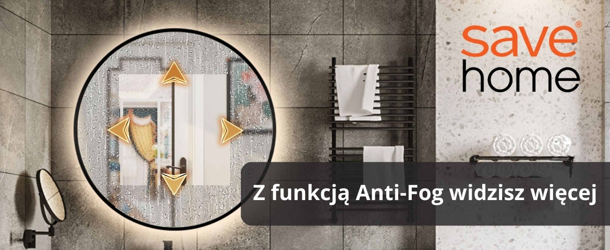 SAVE ®HOME Okrągłe lustro łazienkowe LED - 60 cm - PODŚWIETLANE - Z RAMĄ LOFT - 3 BARWY ŚWIATŁA - ŚCIEMNIALNE - BEZ PARY - DOTYKOWE - LUSTRO ŚCIENNE