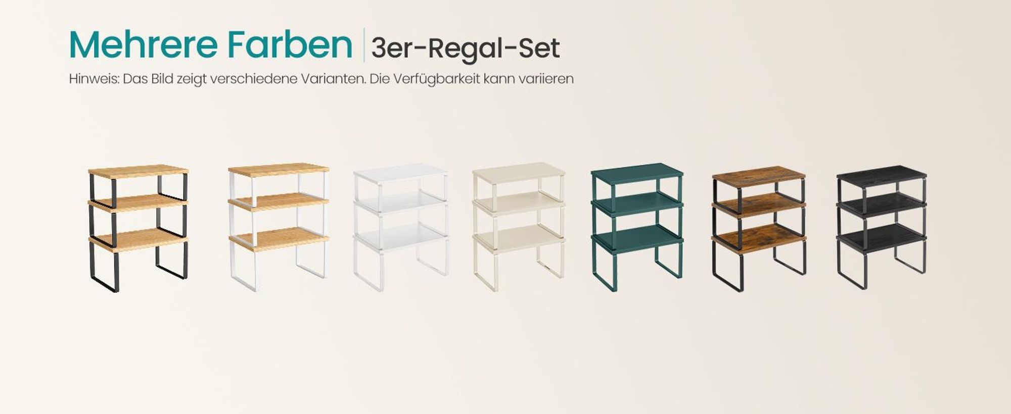 Gewürzregal, 3er Set Küchen-Organizer, Küchenregal, stapelbar, erweiterbar, Metall und Holzwerkstoff, tintenschwarz-naturbeige