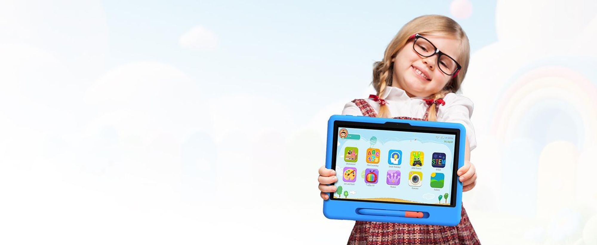 POCKAM P10 kinder tablet, 10,1 inch, met Gemini AI, Android 16, 32 (6+26) GB RAM + 64 GB ROM/TF 2TB, 7000mAh, WiFi tablet voor kinderen, met kindvriendelijke hoes en stylus