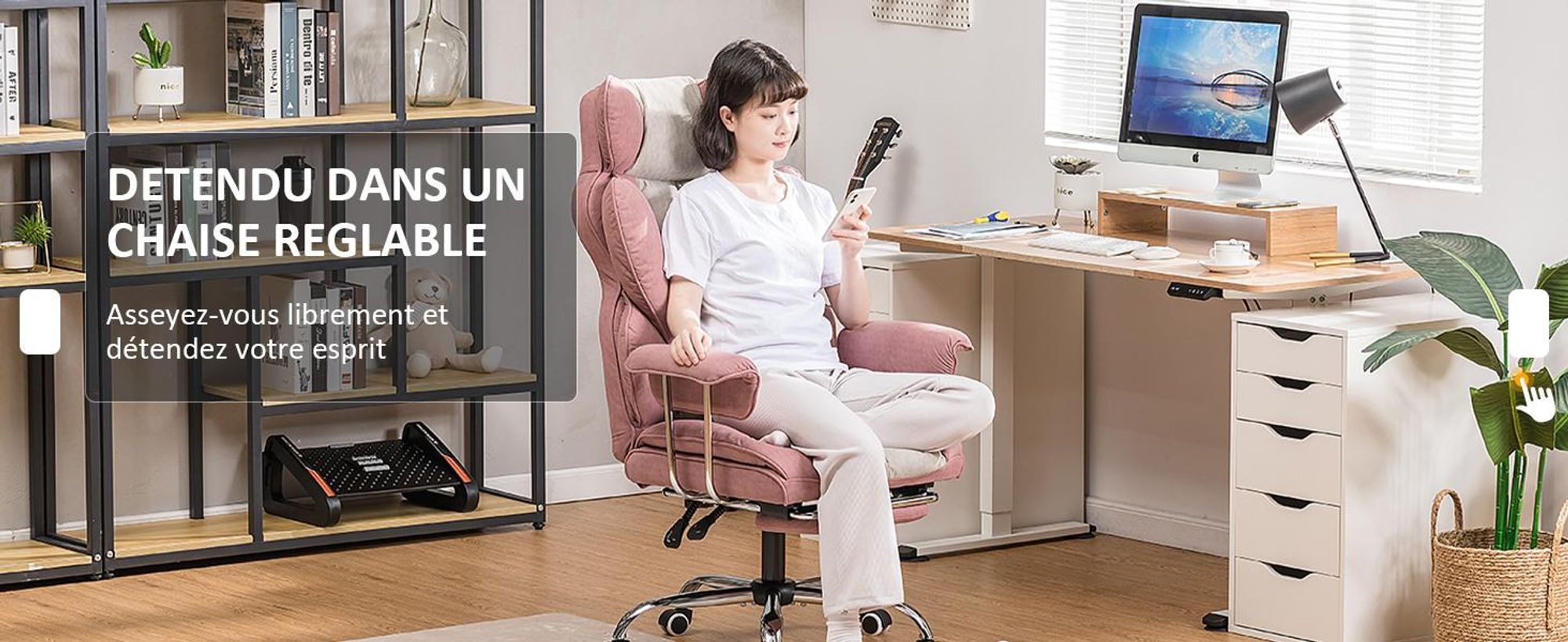 COMHOMA Chaise de bureau Gaming, chaise gamer, chaise de bureau ergonomique surface tissu avec repose-pieds, réglable en hauteur, chaise de bureau, fauteuil de direction, tissu rose