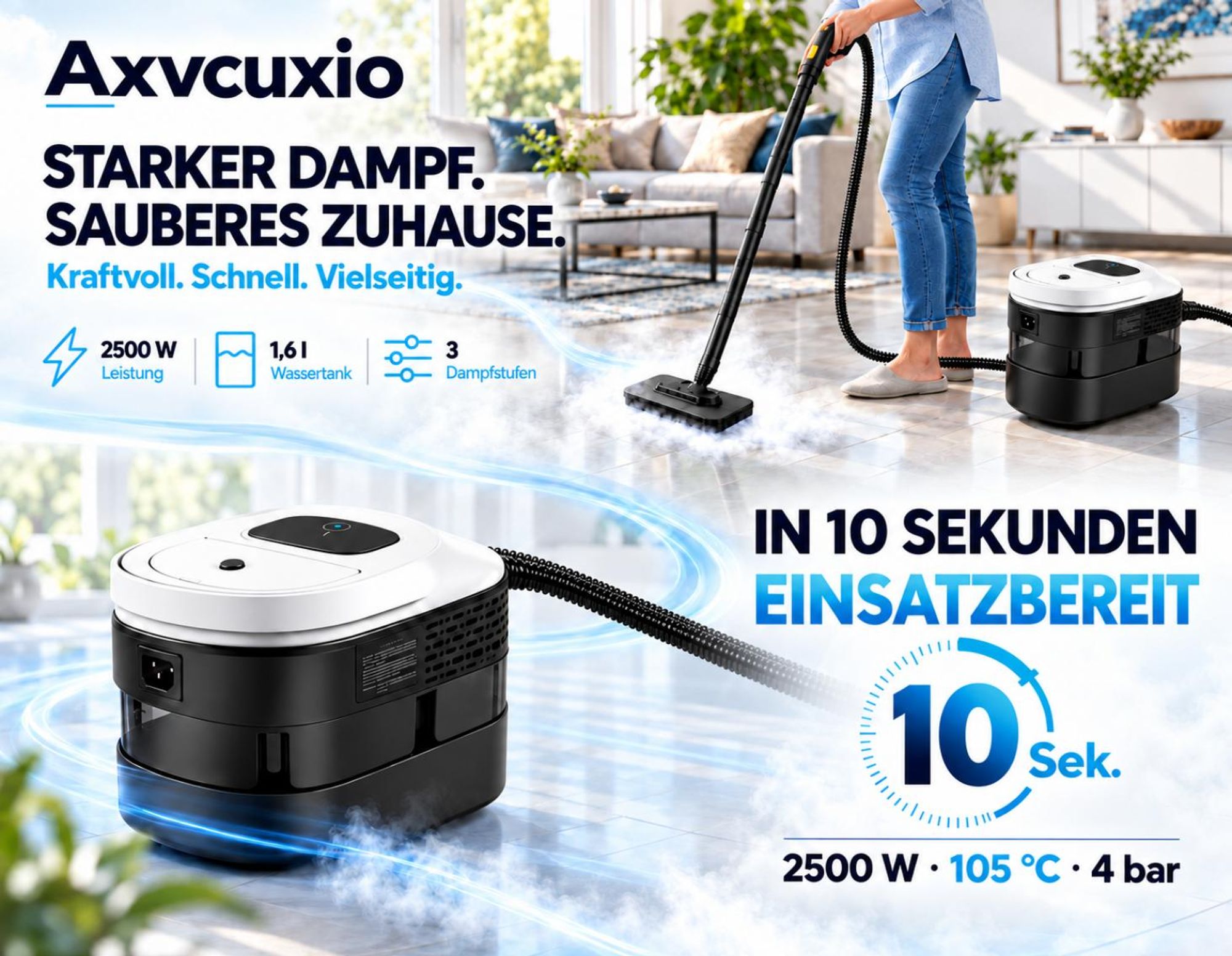2500W Hand Dampfreiniger für alles mit 15 Zubehör, 4.5bar Dampfdruck 1,6L Tank,Mehrzweck-Dampfgarer, Tragbarer Steam Cleaner für Fenster, Küche, Boden