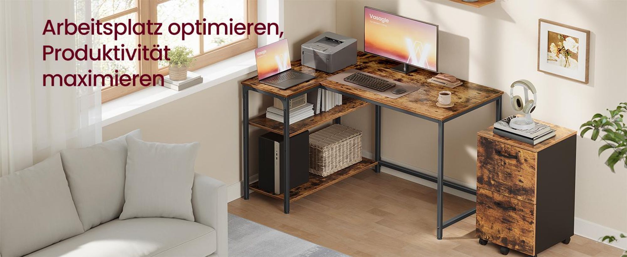 VASAGLE Schreibtisch mit Stauraum, L-Form Computertisch, höhenverstellbare Ablage, Büro, 110 x 80 cm, braun