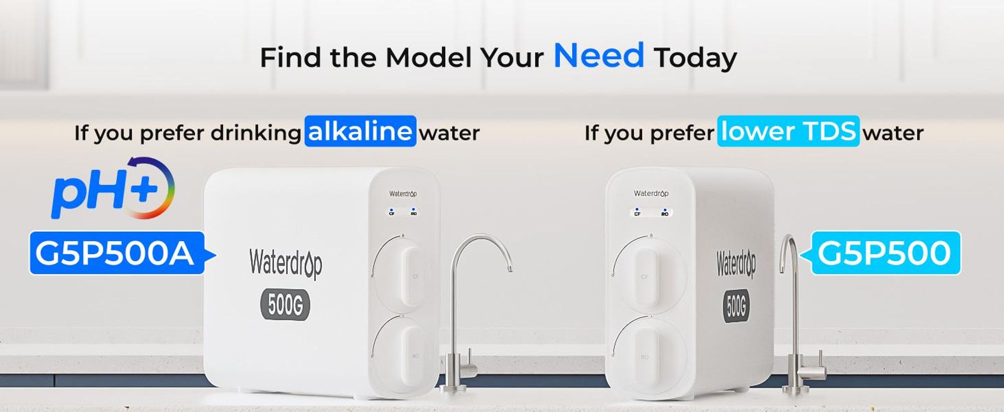 Waterdrop G5P500A Alkalischer Mineral-pH+ Umkehrosmose-Wasserfilter,8-Stufiges 500G RO Wasserfiltersystem, 2:1 Reinheit Zum Abfluss, Reduziert TDS
