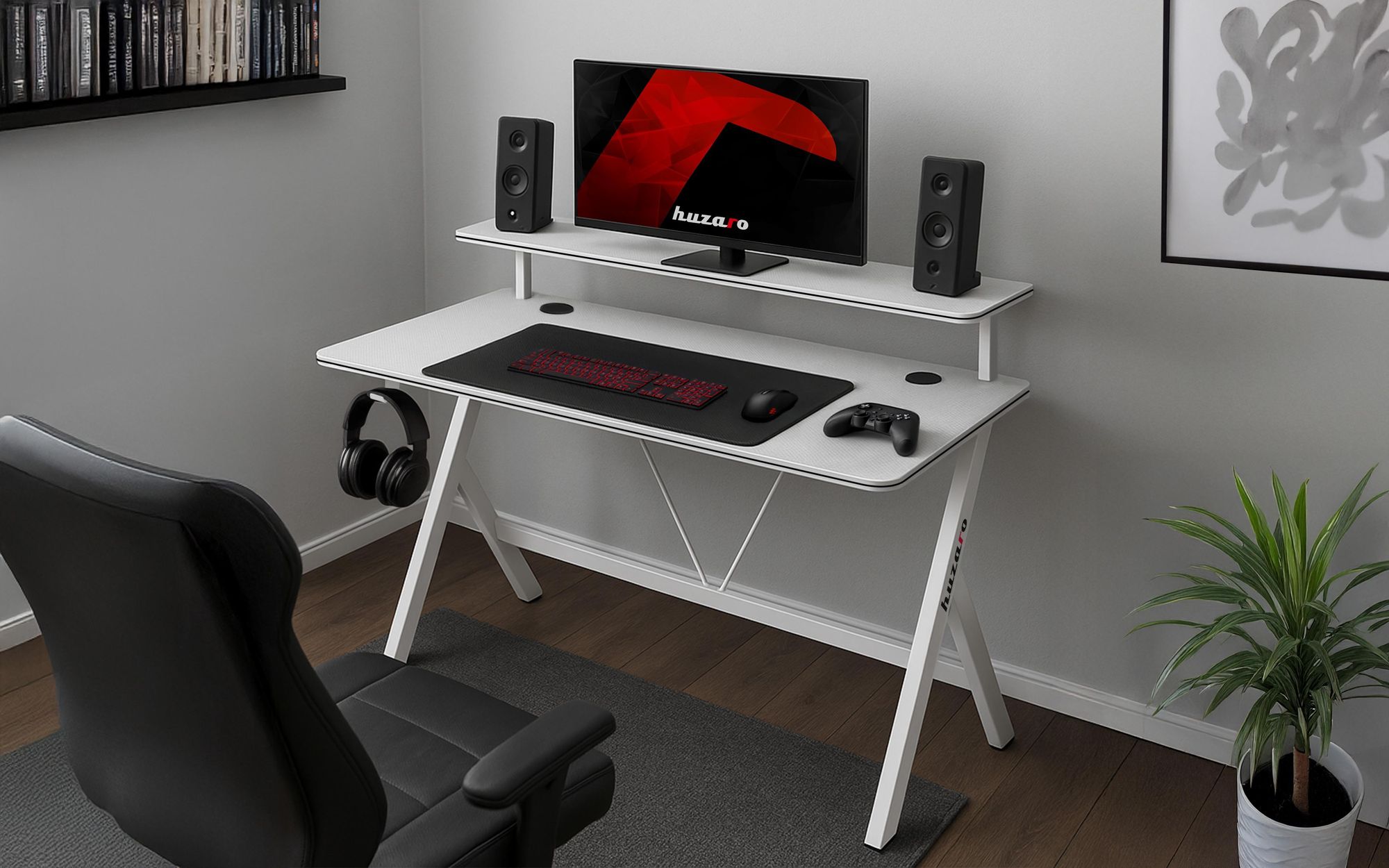 Huzaro Hero 1.9 White – Gaming-Schreibtisch 120 cm mit Regal, Carbon-Beschichtung, Kabelmanagement, Kopfhörerhaken, stabile Stahlkonstruktion